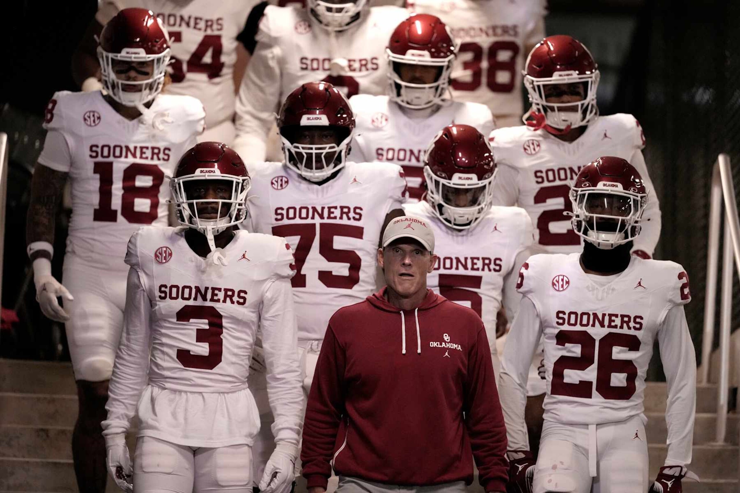 COLUMBIA, MISSOURI - NOVEMBER 09: Head coach Brent Venables of the Oklahoma Sooners leads his team to the field prior to a game against the Missouri Tigers at Faurot Field/Memorial Stadium on November 09, 2024 in Columbia, Missouri. (Photo by Ed Zurga/Getty Images)