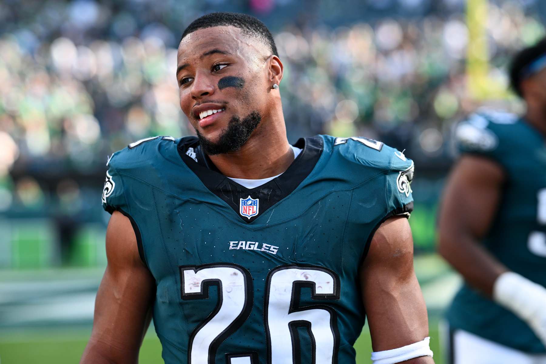 PHILADELPHIA, PA - OCTOBER 13: Philadelphia Eagles running back Saquon Barkley (26) looks on after the game between the Cleveland Browns and Philadelphia Eagles on October 13, 2024 at Lincoln Financial Field in Philadelphia, PA. (Photo by Kyle Ross/Icon Sportswire via Getty Images)