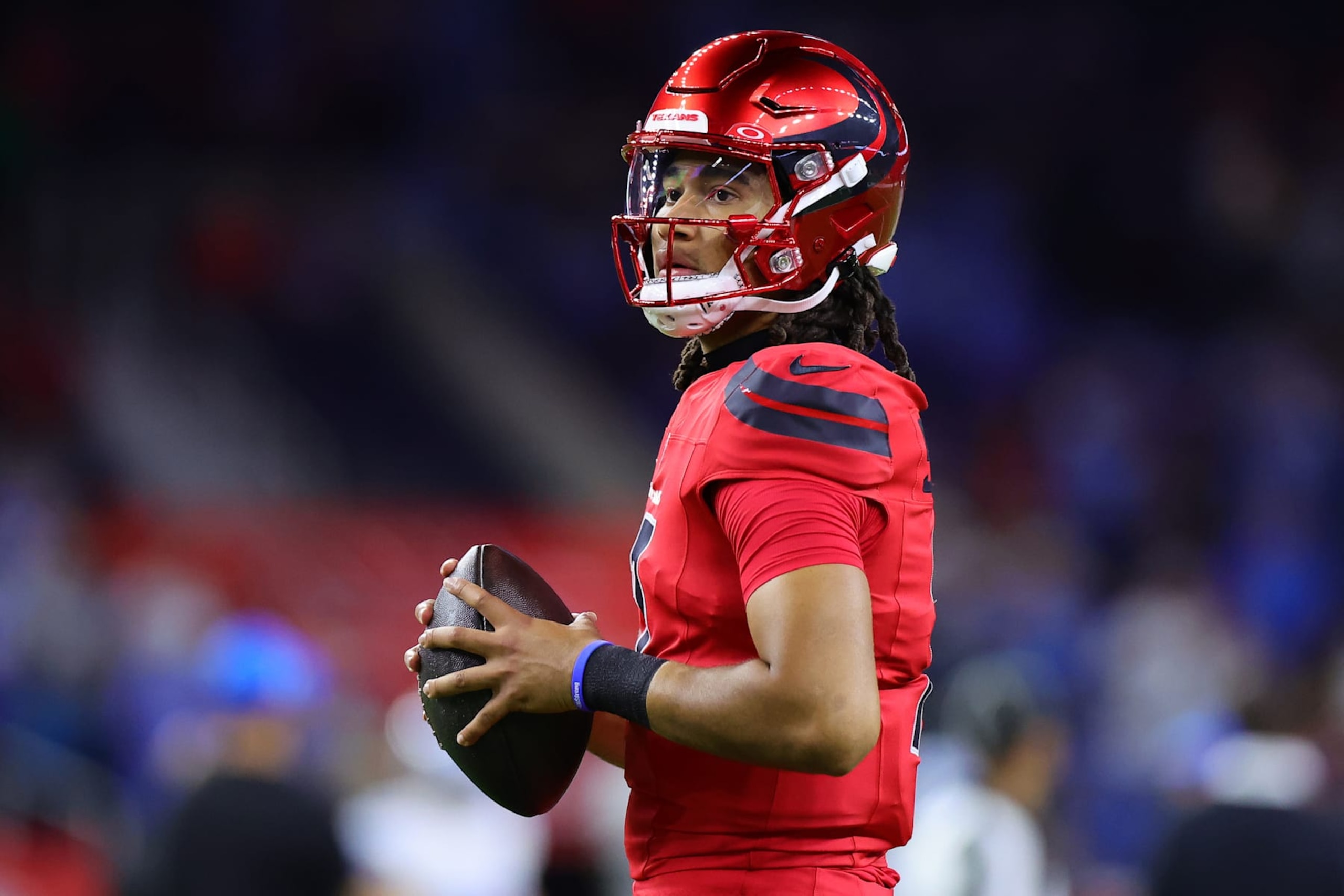 HOUSTON, TEXAS - NOVEMBER 10: C.J. Stroud #7 of the Houston Texans warms up prior to the game against the Detroit Lions at NRG Stadium on November 10, 2024 in Houston, Texas. (Photo by Alex Slitz/Getty Images)