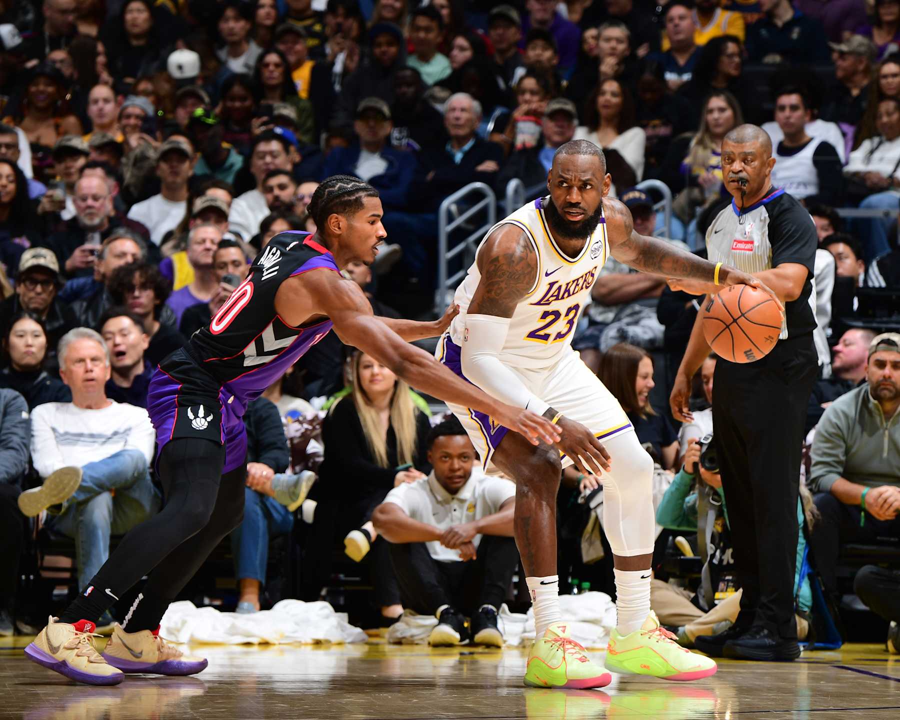 LOS ANGELES, CA - NOVEMBER 10: LeBron James #23 of the Los Angeles Lakers dribbles the ball during the game against the Toronto Raptors on November 10, 2024 at Crypto.Com Arena in Los Angeles, California. NOTE TO USER: User expressly acknowledges and agrees that, by downloading and/or using this Photograph, user is consenting to the terms and conditions of the Getty Images License Agreement. Mandatory Copyright Notice: Copyright 2024 NBAE (Photo by Adam Pantozzi/NBAE via Getty Images)