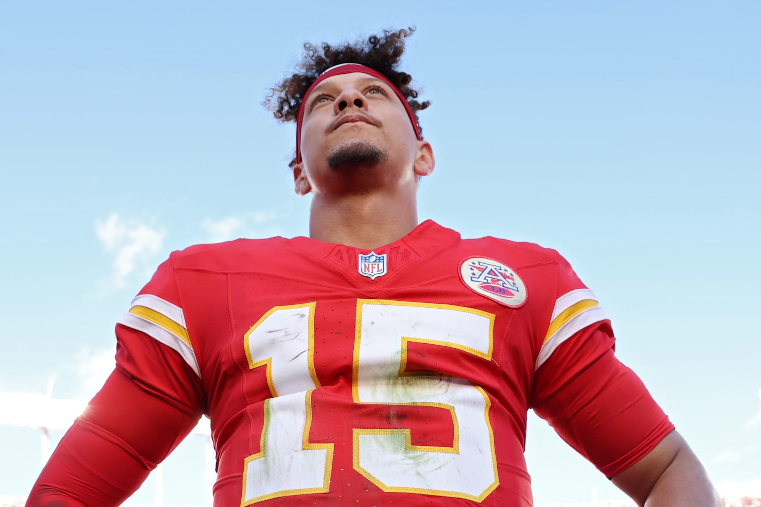 KANSAS CITY, MISSOURI - NOVEMBER 10: (EDITOR'S NOTE: This image was sent with alternate crop). Patrick Mahomes #15 of the Kansas City Chiefs reacts after his team's 16-14 win against the Denver Broncos at GEHA Field at Arrowhead Stadium on November 10, 2024 in Kansas City, Missouri. (Photo by Jamie Squire/Getty Images)