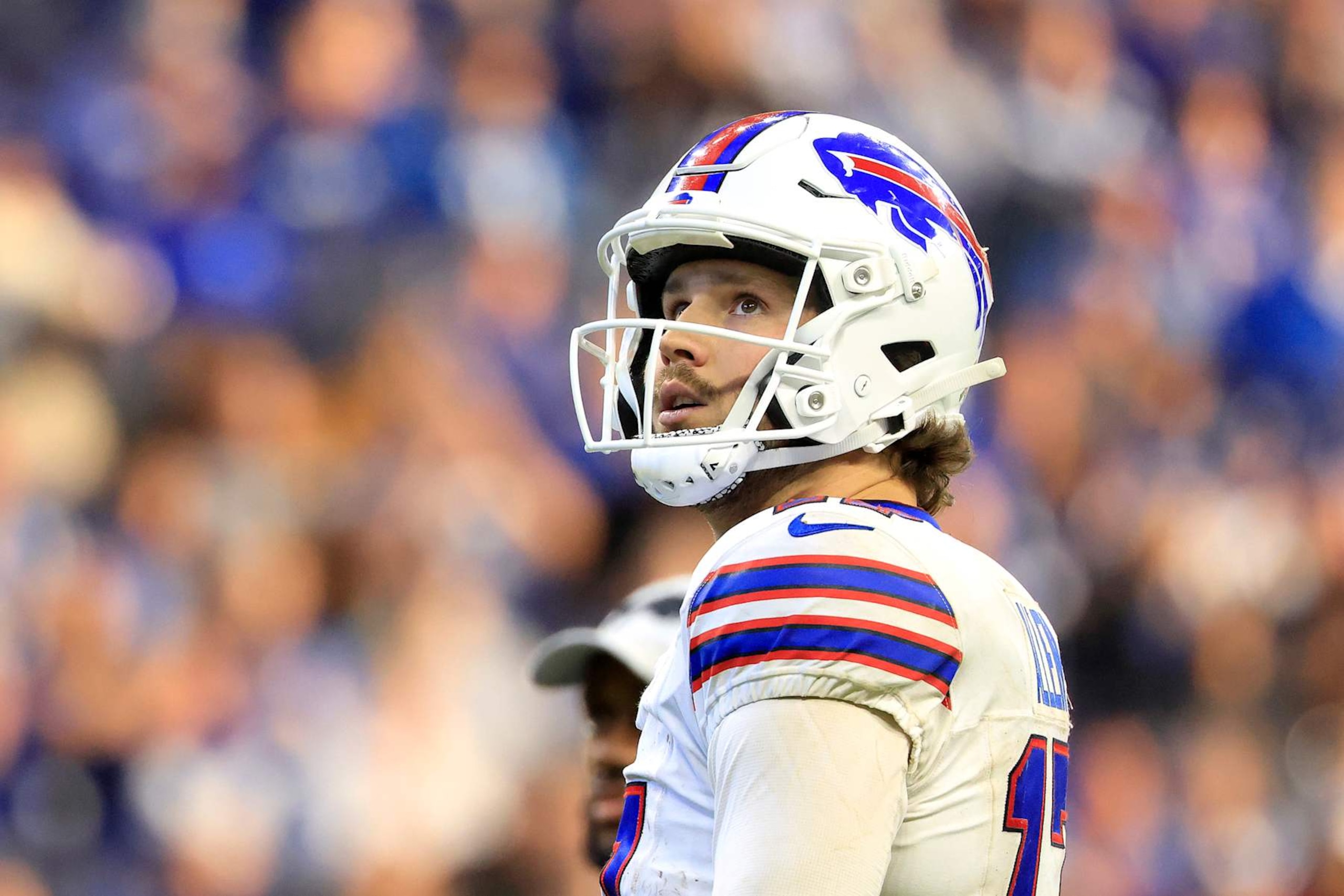 INDIANAPOLIS, INDIANA - NOVEMBER 10: Josh Allen #17 of the Buffalo Bills looks on during the fourth quarter against the Indianapolis Colts at Lucas Oil Stadium on November 10, 2024 in Indianapolis, Indiana. (Photo by Justin Casterline/Getty Images)