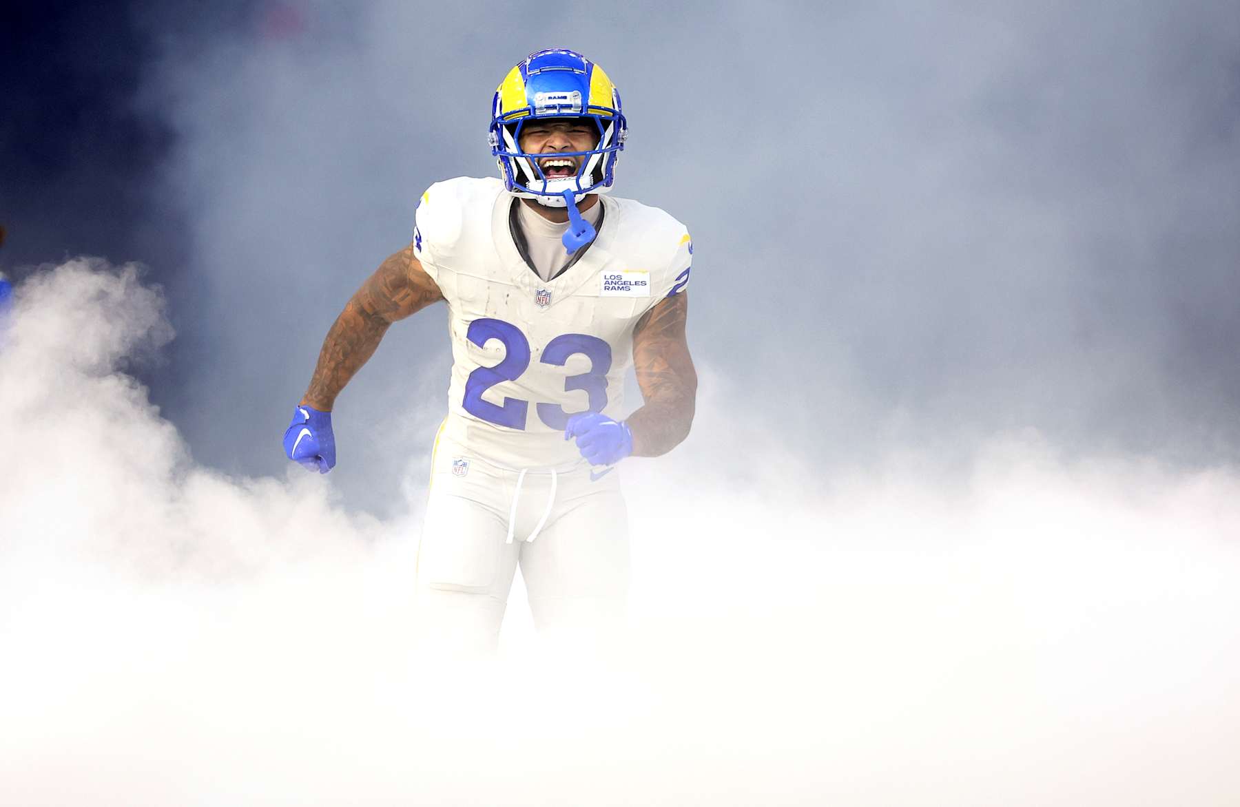 Inglewood California October 24, 2024-Rams running back Kyren Williams is introduced before a game against the Vikings at SoFi Stadium Thursday. (Los Angeles Times via Getty Images)