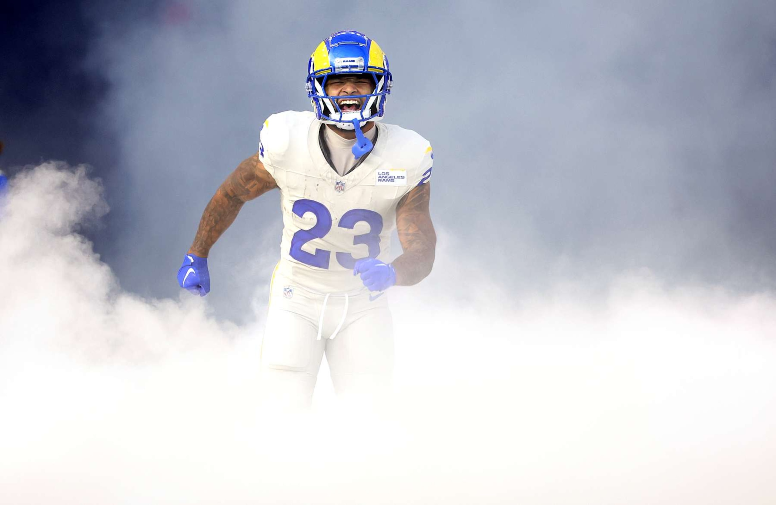 Inglewood California October 24, 2024-Rams running back Kyren Williams is introduced before a game against the Vikings at SoFi Stadium Thursday. (Los Angeles Times via Getty Images)