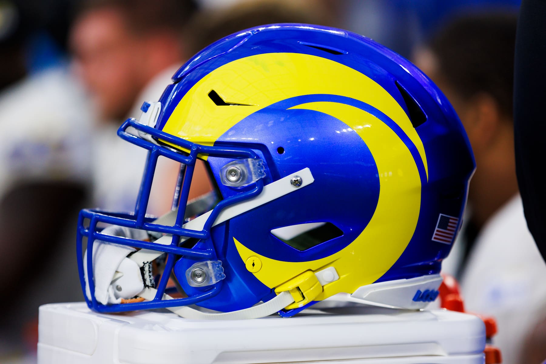 INGLEWOOD, CALIFORNIA - OCTOBER 24: A detail view of a Los Angeles Rams helmet looks on from the sideline during the first half against Minnesota Vikings at SoFi Stadium on October 24, 2024 in Inglewood, California. (Photo by Ric Tapia/Getty Images)