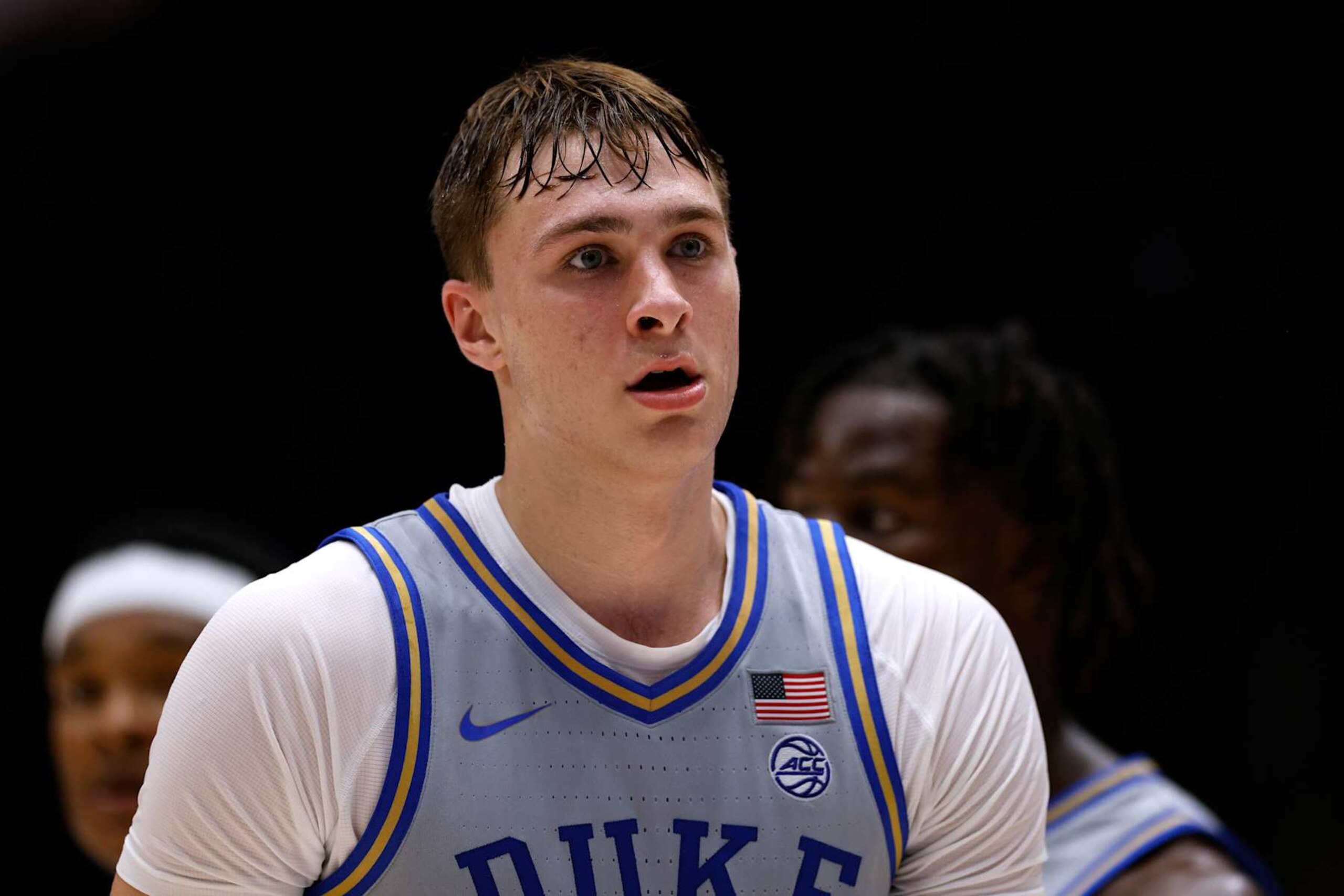 DURHAM, NORTH CAROLINA - NOVEMBER 8: Cooper Flagg #2 of the Duke Blue Devils looks on during the game against the Army Black Knights at Cameron Indoor Stadium on November 8, 2024 in Durham, North Carolina. (Photo by Lance King/Getty Images)