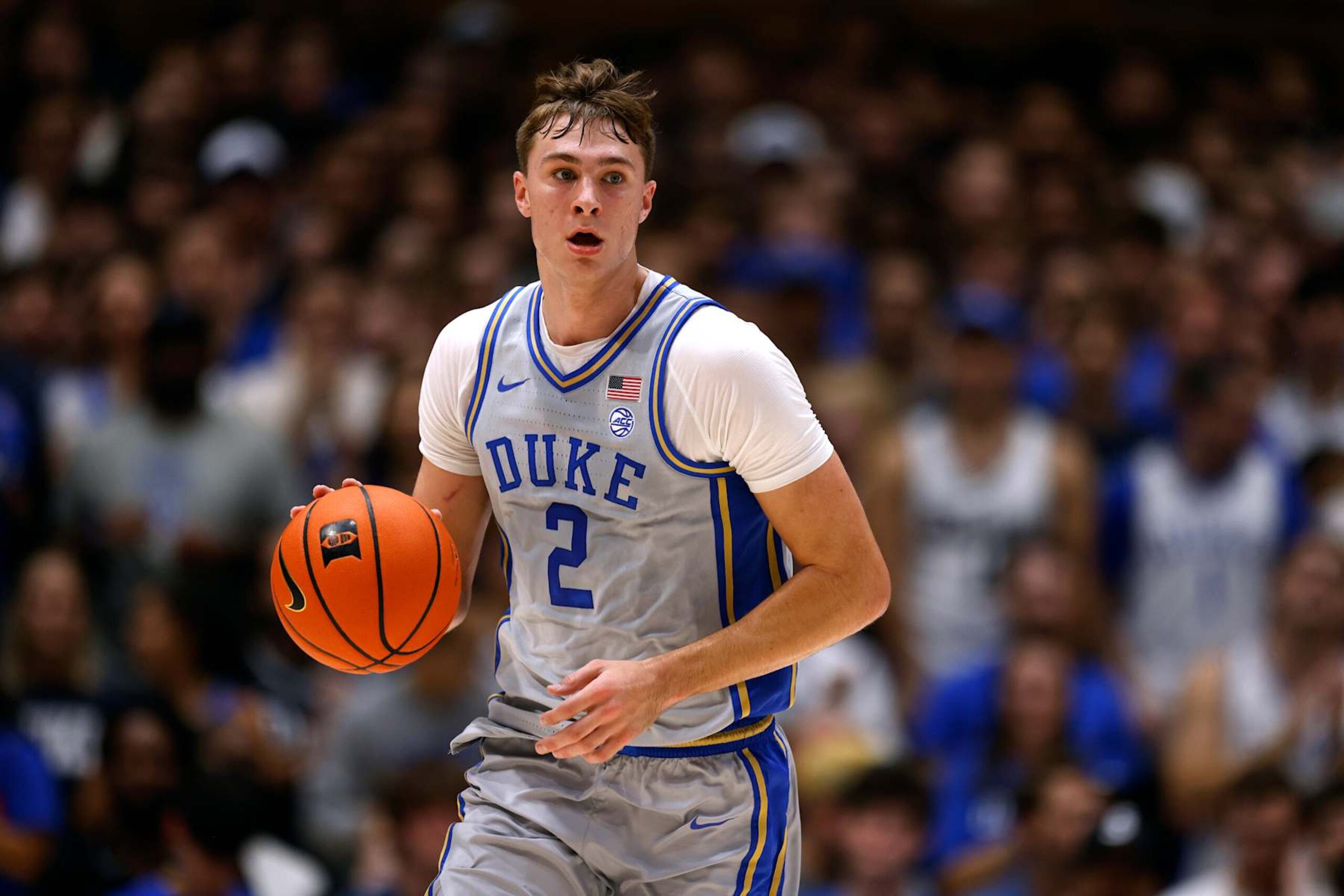DURHAM, NORTH CAROLINA - NOVEMBER 8: Cooper Flagg #2 of the Duke Blue Devils dribbles up court against the Army Black Knights at Cameron Indoor Stadium on November 8, 2024 in Durham, North Carolina. (Photo by Lance King/Getty Images) DURHAM, NORTH CAROLINA - NOVEMBER 8: Cooper Flagg #2 of the Duke Blue Devils dribbles up court against the Army Black Knights at Cameron Indoor Stadium on November 8, 2024 in Durham, North Carolina. (Photo by Lance King/Getty Images)