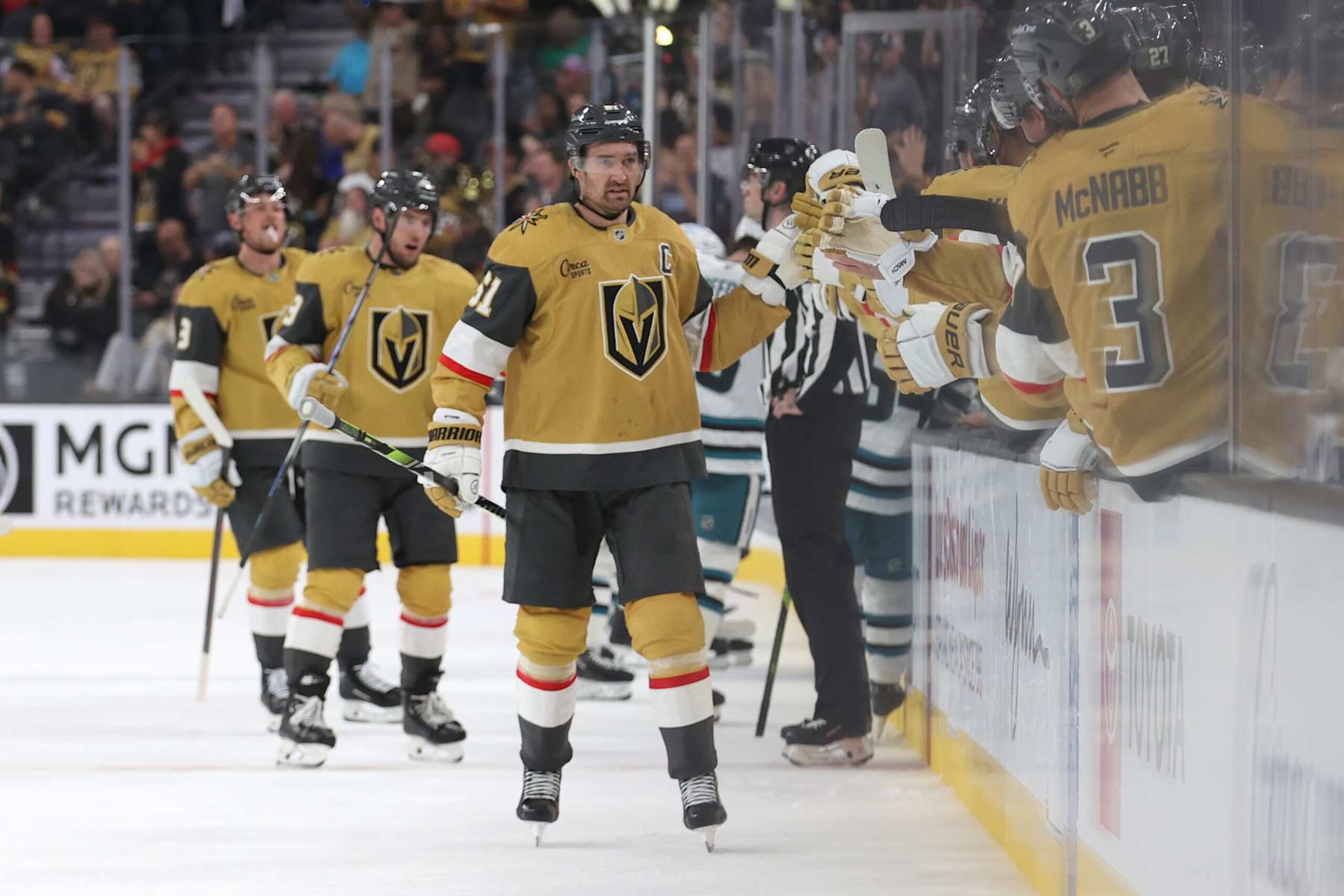 LAS VEGAS, NEVADA - OCTOBER 26: Mark Stone #61 of the Vegas Golden Knights celebrates with teammates after a goal during the third period against the San Jose Sharks at T-Mobile Arena on October 26, 2024 in Las Vegas, Nevada. (Photo by Zak Krill/NHLI via Getty Images)