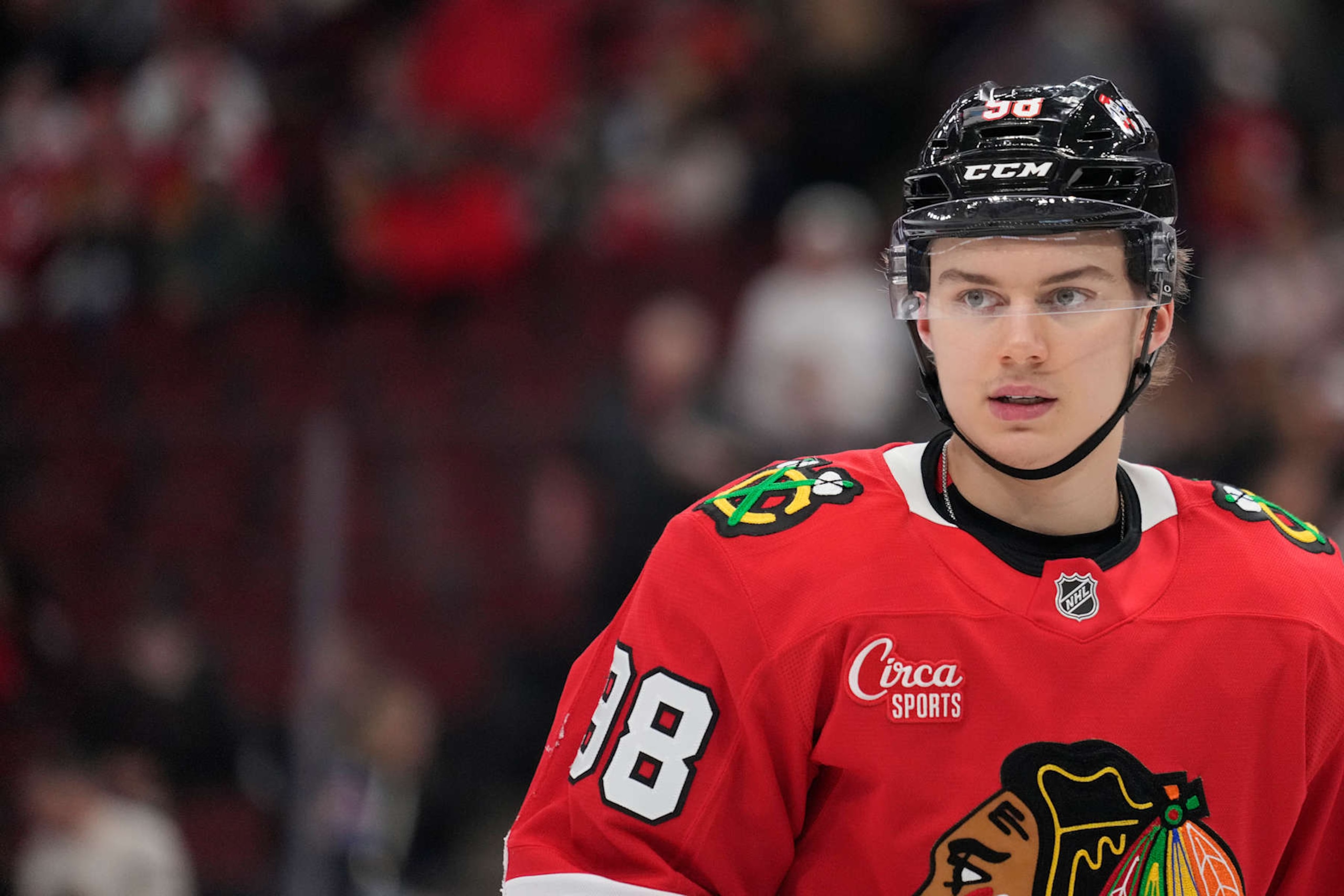 CHICAGO, ILLINOIS - NOVEMBER 10: Connor Bedard #98 of the Chicago Blackhawks skates against the Minnesota Wild during the second period at the United Center on November 10, 2024 in Chicago, Illinois. (Photo by Patrick McDermott/Getty Images)