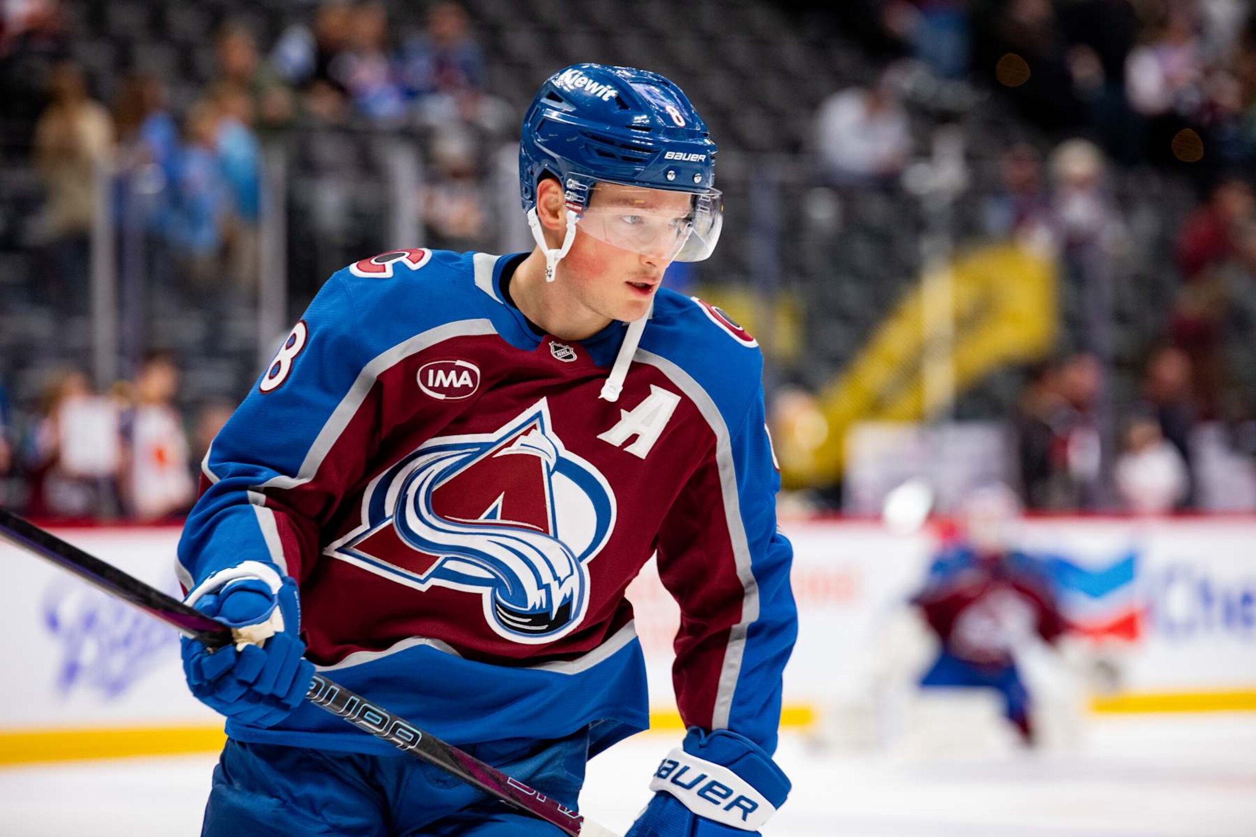 DENVER, COLORADO - OCTOBER 30: Cale Makar #8 of the Colorado Avalanche skates in warm-up ahead of the game against the Tampa Bay Lightning at Ball Arena on October 30, 2024 in Denver, Colorado. (Photo by Ashley Potts/NHLI via Getty Images)