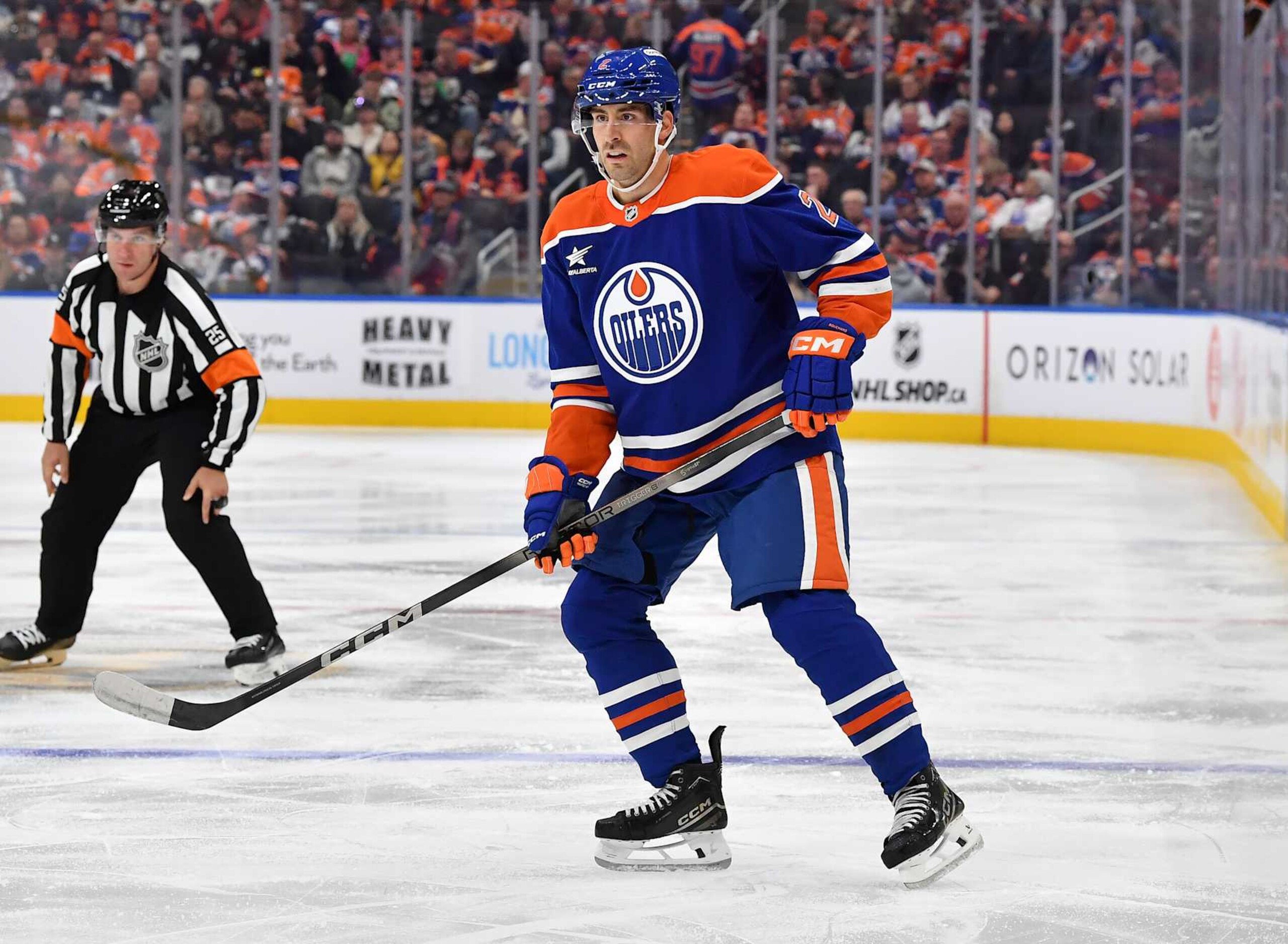 EDMONTON, CANADA - OCTOBER 22: Evan Bouchard #2 of the Edmonton Oilers in action during the game against the Carolina Hurricanes at Rogers Place on October 22, 2024, in Edmonton, Alberta, Canada. (Photo by Andy Devlin/NHLI via Getty Images)