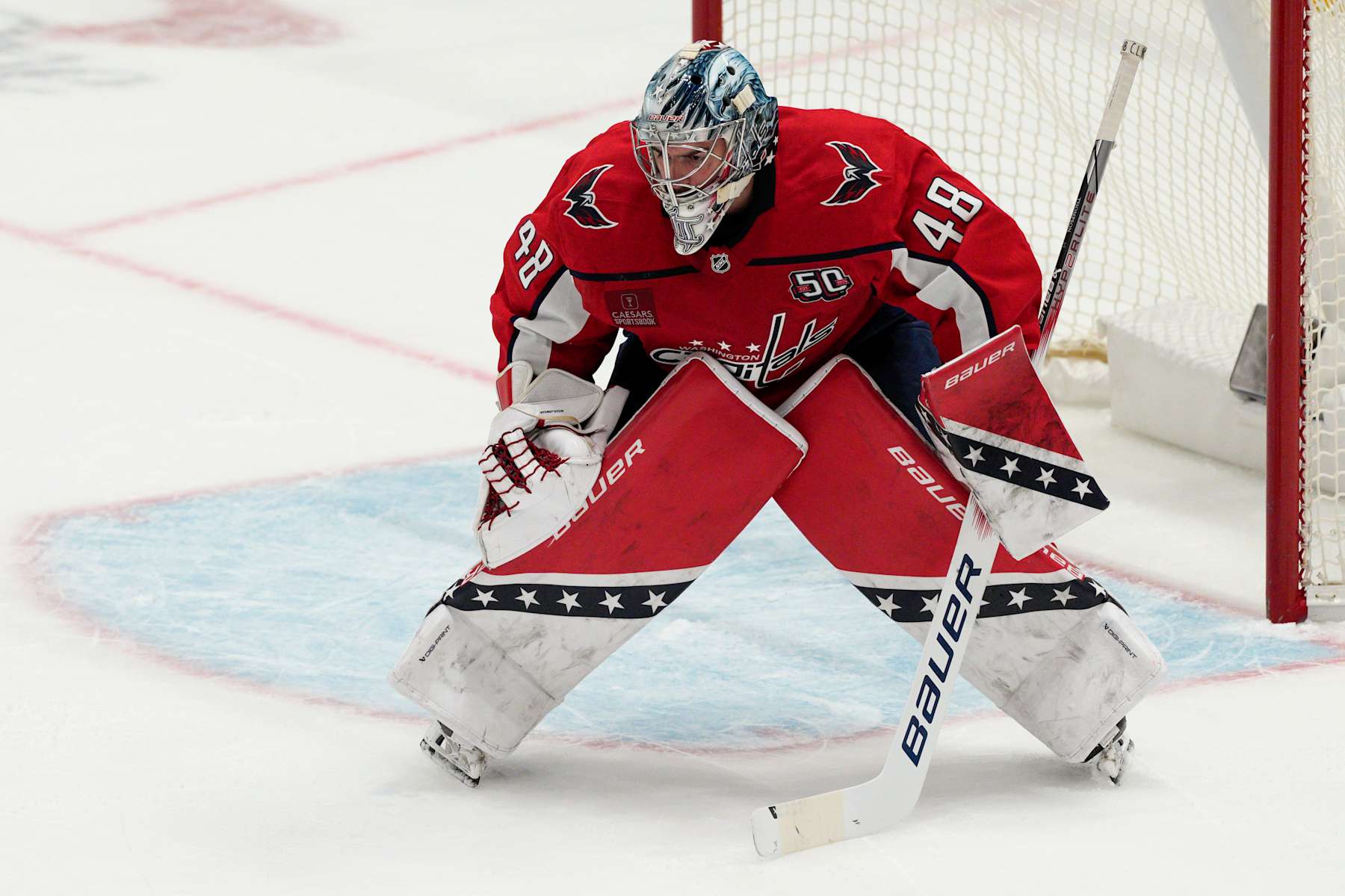 WASHINGTON, DC - OCTOBER 15: Logan Thompson #48 of the Washington Capitals stands in front of the net during the first period of a game against the Vegas Golden Knights at Capital One Arena on October 15, 2024 in Washington, D.C. (Photo by Jess Rapfogel/NHLI via Getty Images)