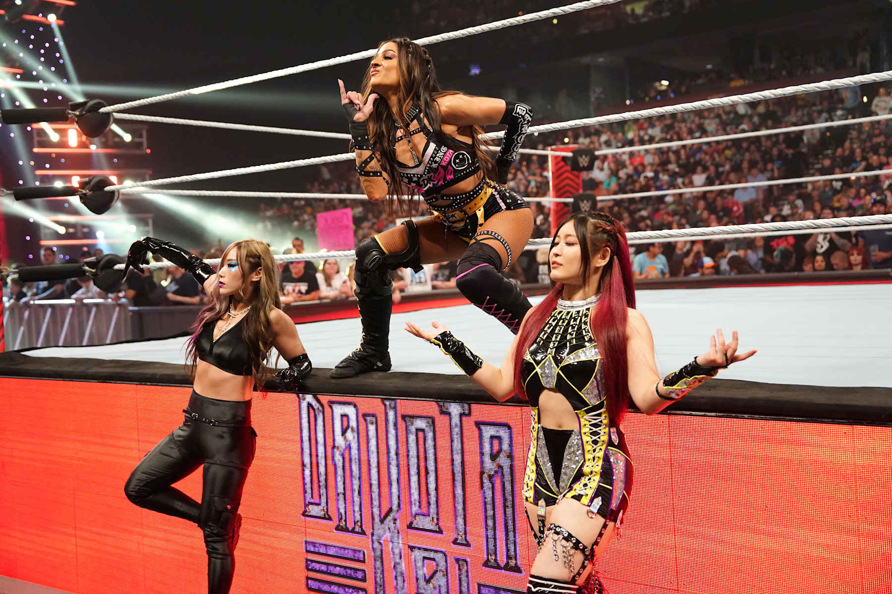 GREENVILLE, SOUTH CAROLINA - MAY 13: (L-R) Kairi Sane, Dakota Kai and IYO Sky of Damage CTRL make their entrance during an episode of Monday Night RAW at Bon Secours Wellness Arena on May 13, 2024 in Greenville, South Carolina.  (Photo by WWE/Getty Images)