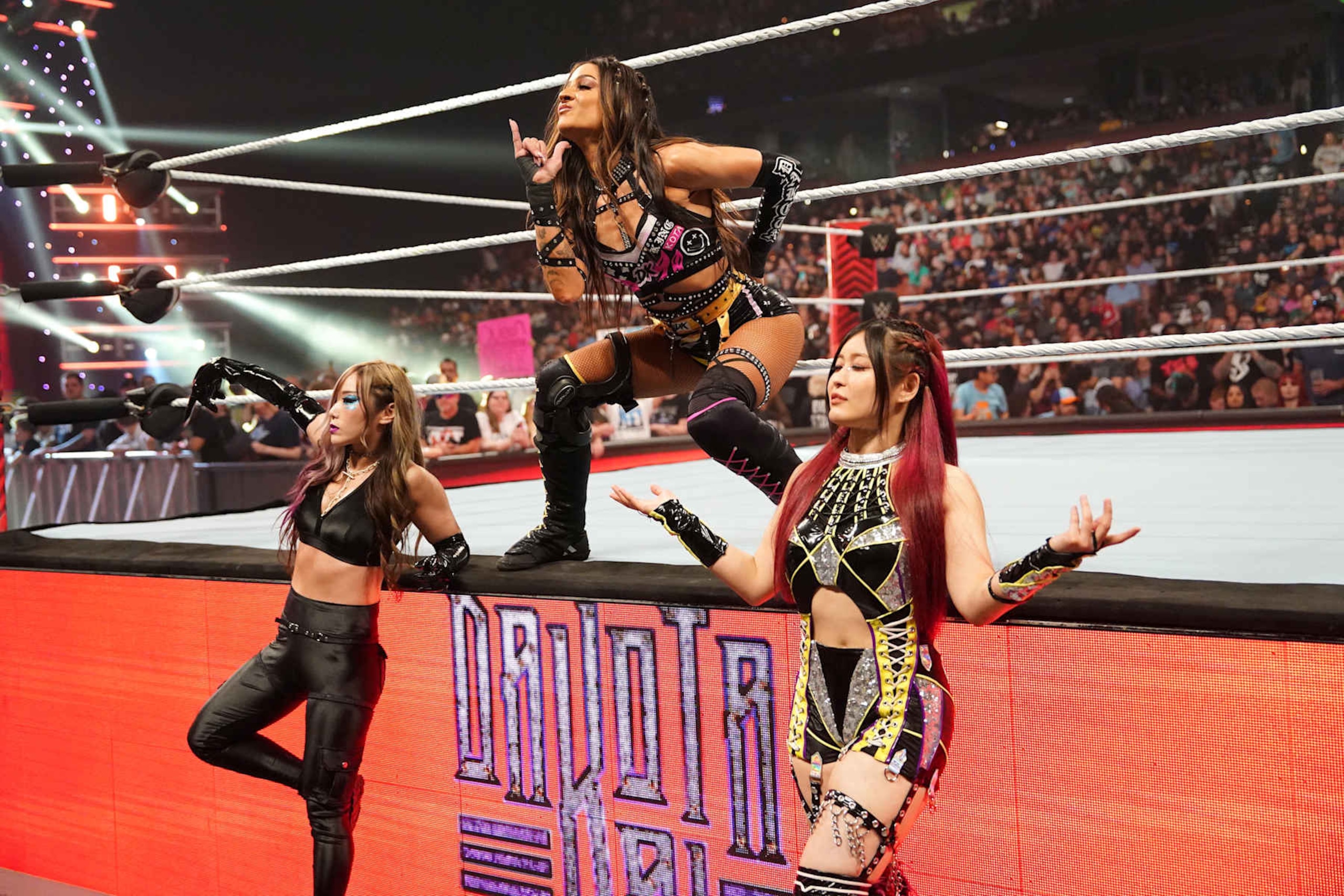 GREENVILLE, SOUTH CAROLINA - MAY 13: (L-R) Kairi Sane, Dakota Kai and IYO Sky of Damage CTRL make their entrance during an episode of Monday Night RAW at Bon Secours Wellness Arena on May 13, 2024 in Greenville, South Carolina. (Photo by WWE/Getty Images) GREENVILLE, SOUTH CAROLINA - MAY 13: (L-R) Kairi Sane, Dakota Kai and IYO Sky of Damage CTRL make their entrance during an episode of Monday Night RAW at Bon Secours Wellness Arena on May 13, 2024 in Greenville, South Carolina. (Photo by WWE/Getty Images)