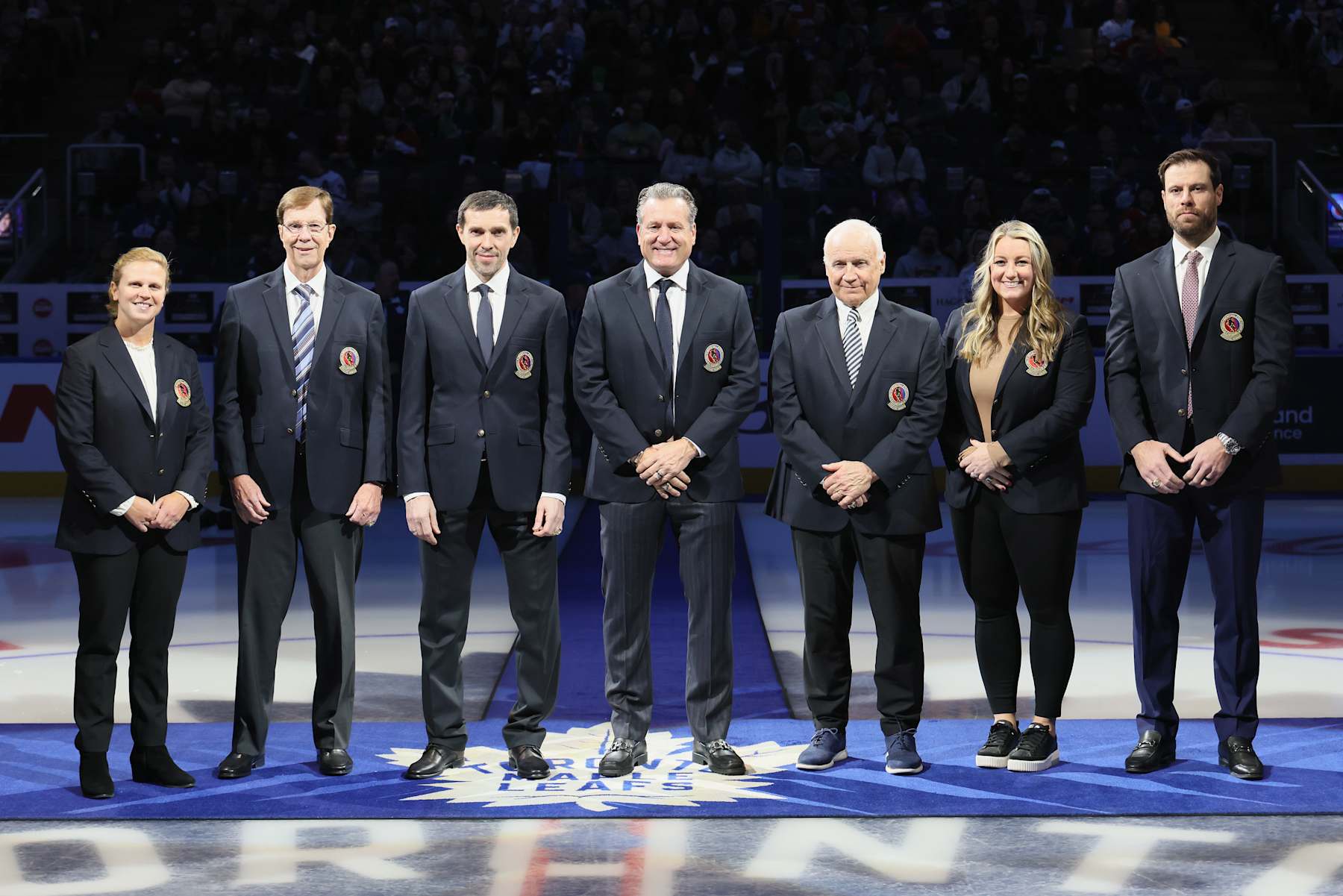 TORONTO, CANADA - NOVEMBER 10: Krissy Wendell, Shea Weber, Jeremy Roenick, Pavel Datsyuk, Natalie Darwitz, David Poile and Colin Campbell are introduced to the crowd at the Hockey Hall of Fame Legends Classic game at the Scotiabank Arena on November 10, 2024 in Toronto, Ontario, Canada.  (Photo by Bruce Bennett/Getty Images)