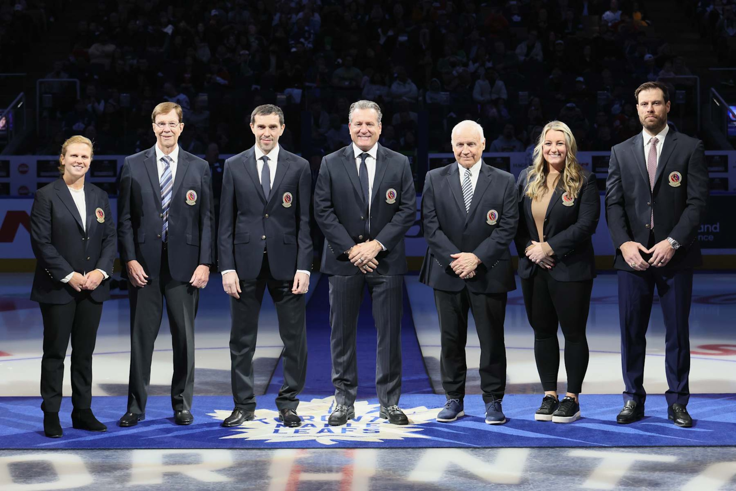 TORONTO, CANADA - NOVEMBER 10: Krissy Wendell, Shea Weber, Jeremy Roenick, Pavel Datsyuk, Natalie Darwitz, David Poile and Colin Campbell are introduced to the crowd at the Hockey Hall of Fame Legends Classic game at the Scotiabank Arena on November 10, 2024 in Toronto, Ontario, Canada.  (Photo by Bruce Bennett/Getty Images)