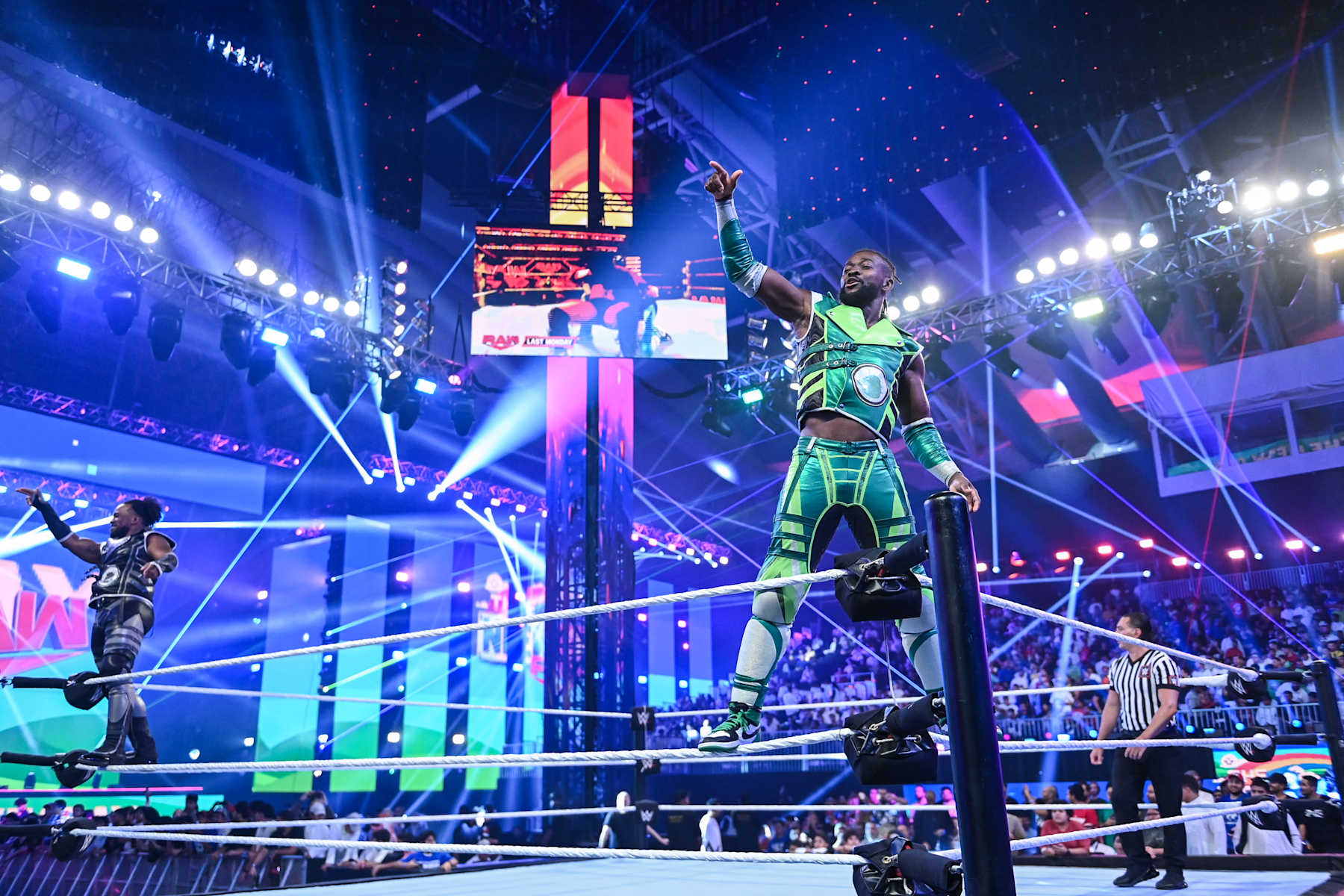 RIYADH, SAUDI ARABIA - NOVEMBER 4: Xavier Woods and Kofi Kingston of the New Day enter the ring during Monday Night RAW at Mohammed Abdo Arena on November 4, 2024 in Riyadh, Saudi Arabia.  (Photo by WWE/Getty Images)