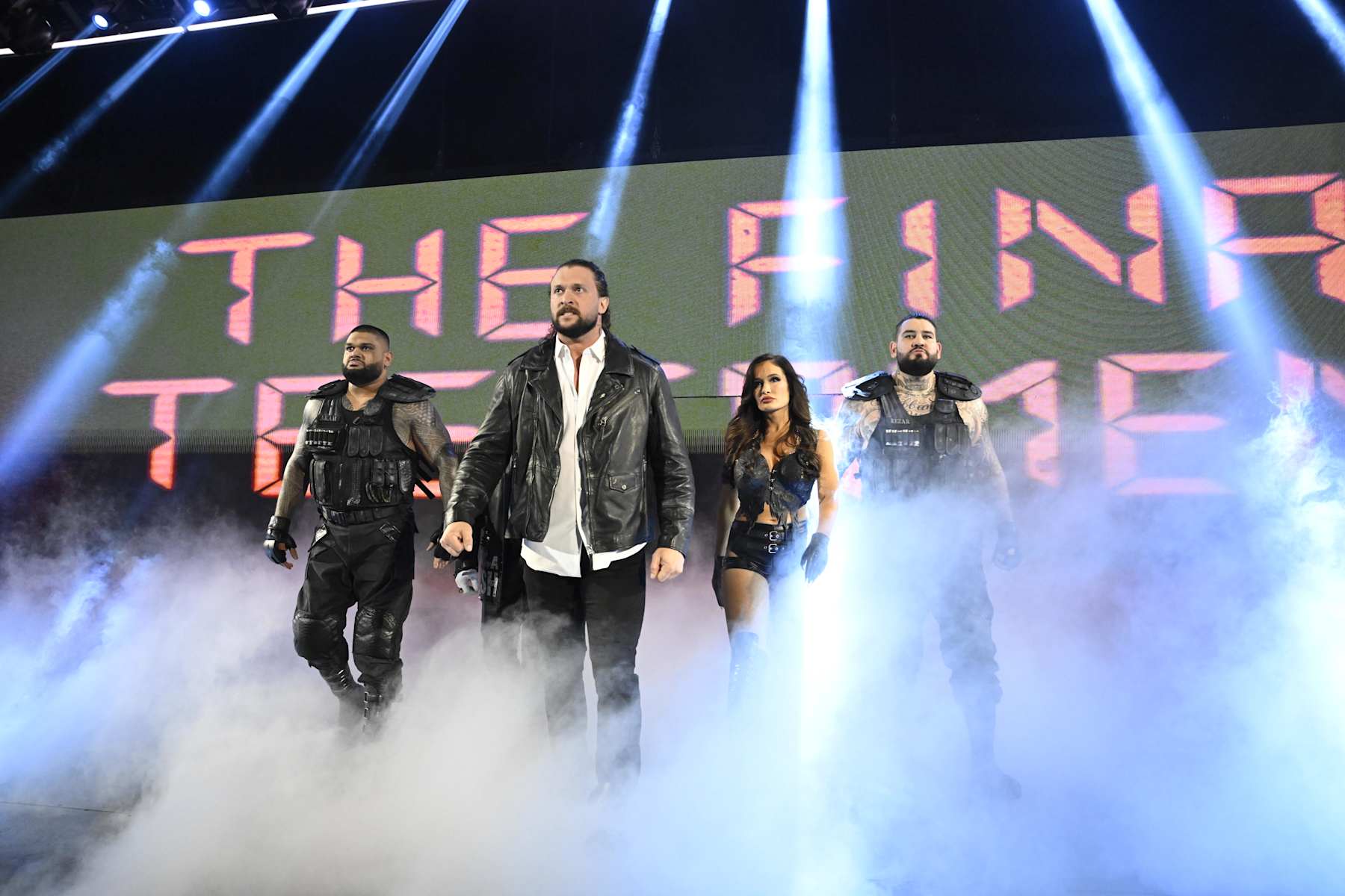 PHILADELPHIA, PENNSYLVANIA - OCTOBER 21: Akam, Karrion Kross, Scarlett and Rezar (The Final Testament) make their entrance during Monday Night RAW at the Wells Fargo Center on October 21, 2024 in Philadelphia, Pennsylvania.  (Photo by WWE/Getty Images)