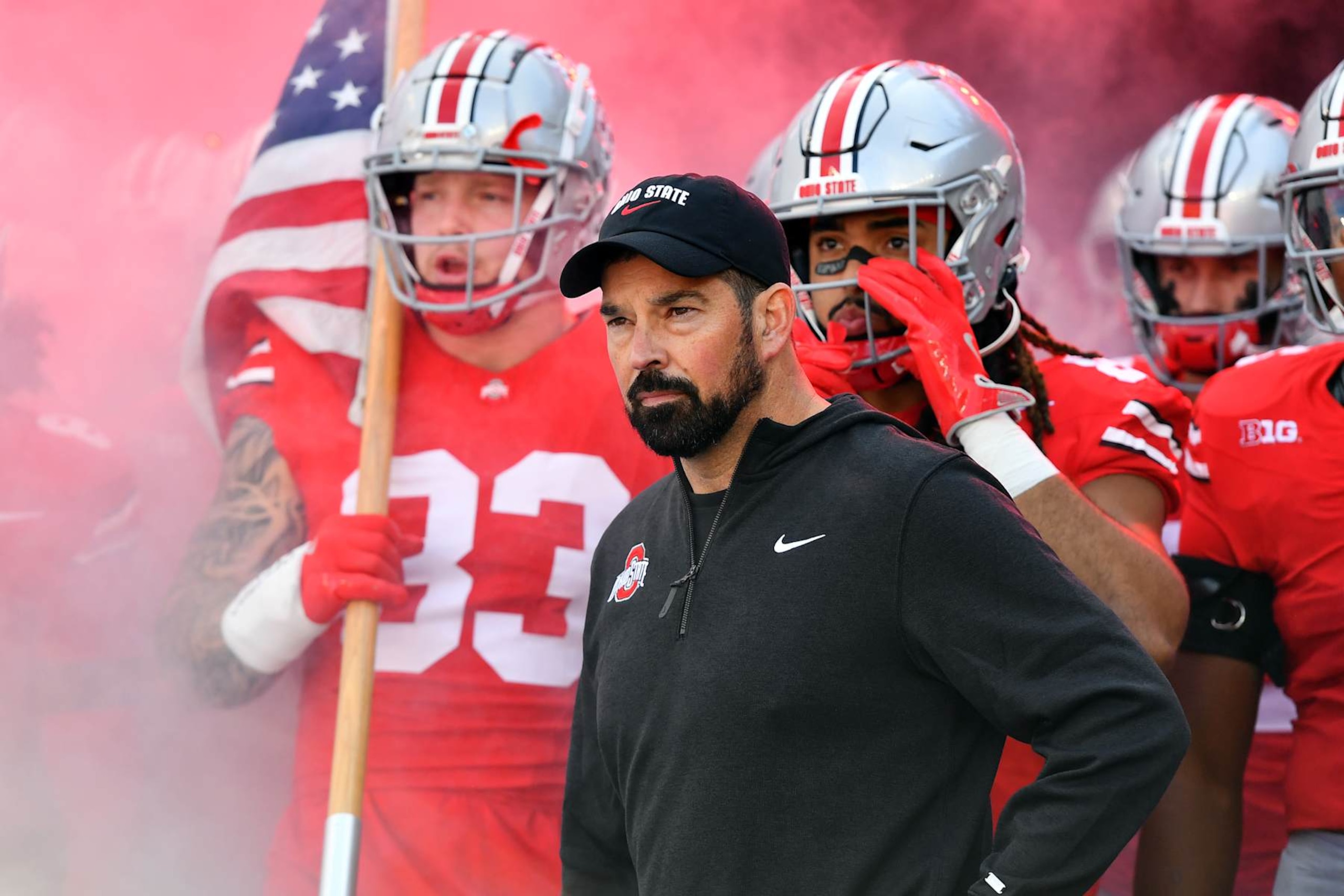 COLUMBUS, OHIO - NOVEMBER 09: Head coach Ryan Day and the Ohio State Buckeyes prepare to take the field prior to a game against the Purdue Boilermakers at Ohio Stadium on November 09, 2024 in Columbus, Ohio. (Photo by Ben Jackson/Getty Images)