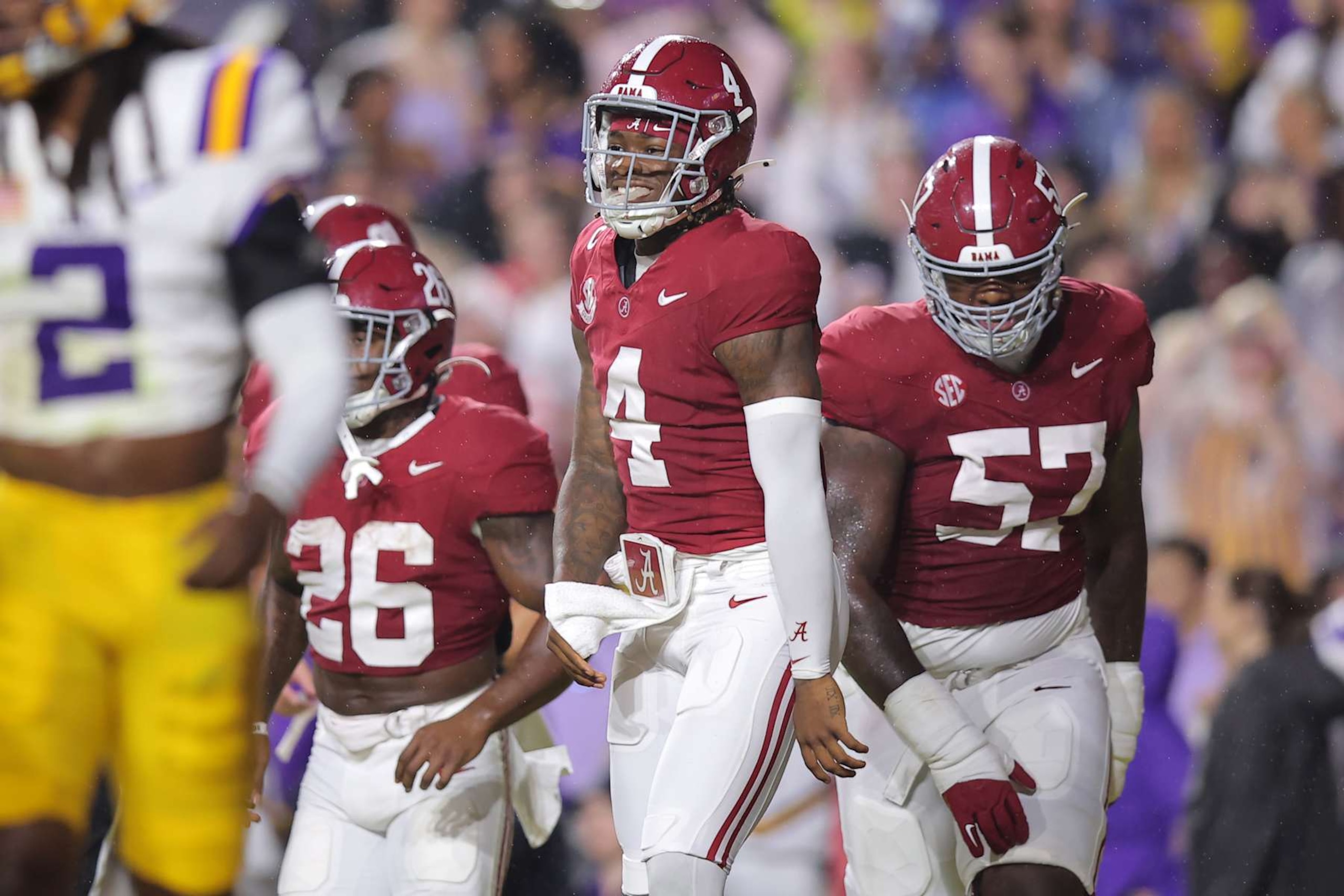 BATON ROUGE, LOUISIANA - NOVEMBER 09: Jalen Milroe #4 of the Alabama Crimson Tide celebrates a rushing touchdown during the first half against the LSU Tigers at Tiger Stadium on November 09, 2024 in Baton Rouge, Louisiana. (Photo by Jonathan Bachman/Getty Images)