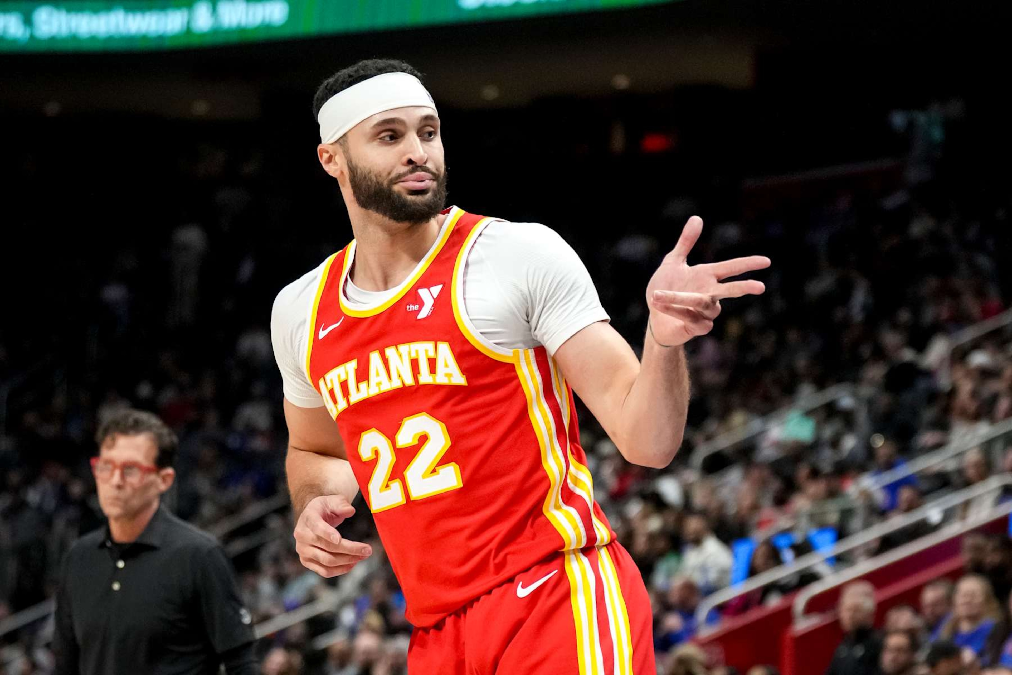 DETROIT, MICHIGAN - NOVEMBER 08: Larry Nance Jr. #22 of the Atlanta Hawks reacts after shooting for three points against the Detroit Pistons during the second quarter at Little Caesars Arena on November 08, 2024 in Detroit, Michigan. NOTE TO USER: User expressly acknowledges and agrees that, by downloading and or using this photograph, User is consenting to the terms and conditions of the Getty Images License Agreement. (Photo by Nic Antaya/Getty Images) DETROIT, MICHIGAN - NOVEMBER 08: Larry Nance Jr. #22 of the Atlanta Hawks reacts after shooting for three points against the Detroit Pistons during the second quarter at Little Caesars Arena on November 08, 2024 in Detroit, Michigan. NOTE TO USER: User expressly acknowledges and agrees that, by downloading and or using this photograph, User is consenting to the terms and conditions of the Getty Images License Agreement. (Photo by Nic Antaya/Getty Images)