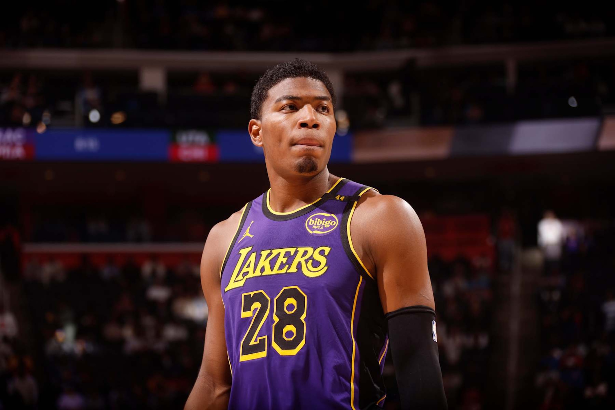 DETROIT, MI - NOVEMBER 4: Rui Hachimura #28 of the Los Angeles Lakers looks on during the game against the Detroit Pistons on November 4, 2024 at Little Caesars Arena in Detroit, Michigan. NOTE TO USER: User expressly acknowledges and agrees that, by downloading and/or using this photograph, User is consenting to the terms and conditions of the Getty Images License Agreement. Mandatory Copyright Notice: Copyright 2024 NBAE (Photo by Brian Sevald/NBAE via Getty Images)