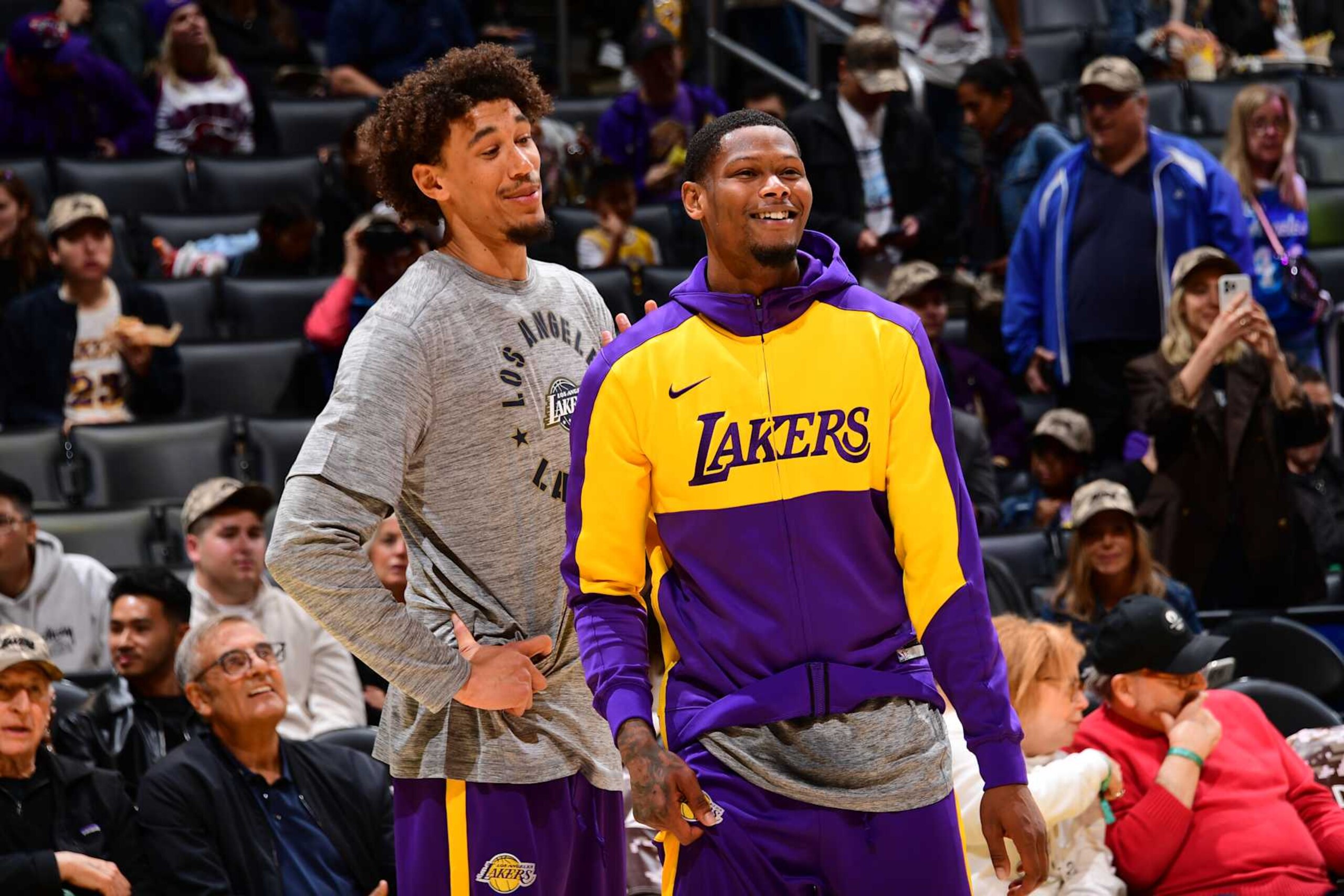 LOS ANGELES, CA - NOVEMBER 10: Jaxson Hayes #11 and Cam Reddish #5 of the Los Angeles Lakers smile before the game against the Toronto Raptors on November 10, 2024 at Crypto.Com Arena in Los Angeles, California. NOTE TO USER: User expressly acknowledges and agrees that, by downloading and/or using this Photograph, user is consenting to the terms and conditions of the Getty Images License Agreement. Mandatory Copyright Notice: Copyright 2024 NBAE (Photo by Adam Pantozzi/NBAE via Getty Images)