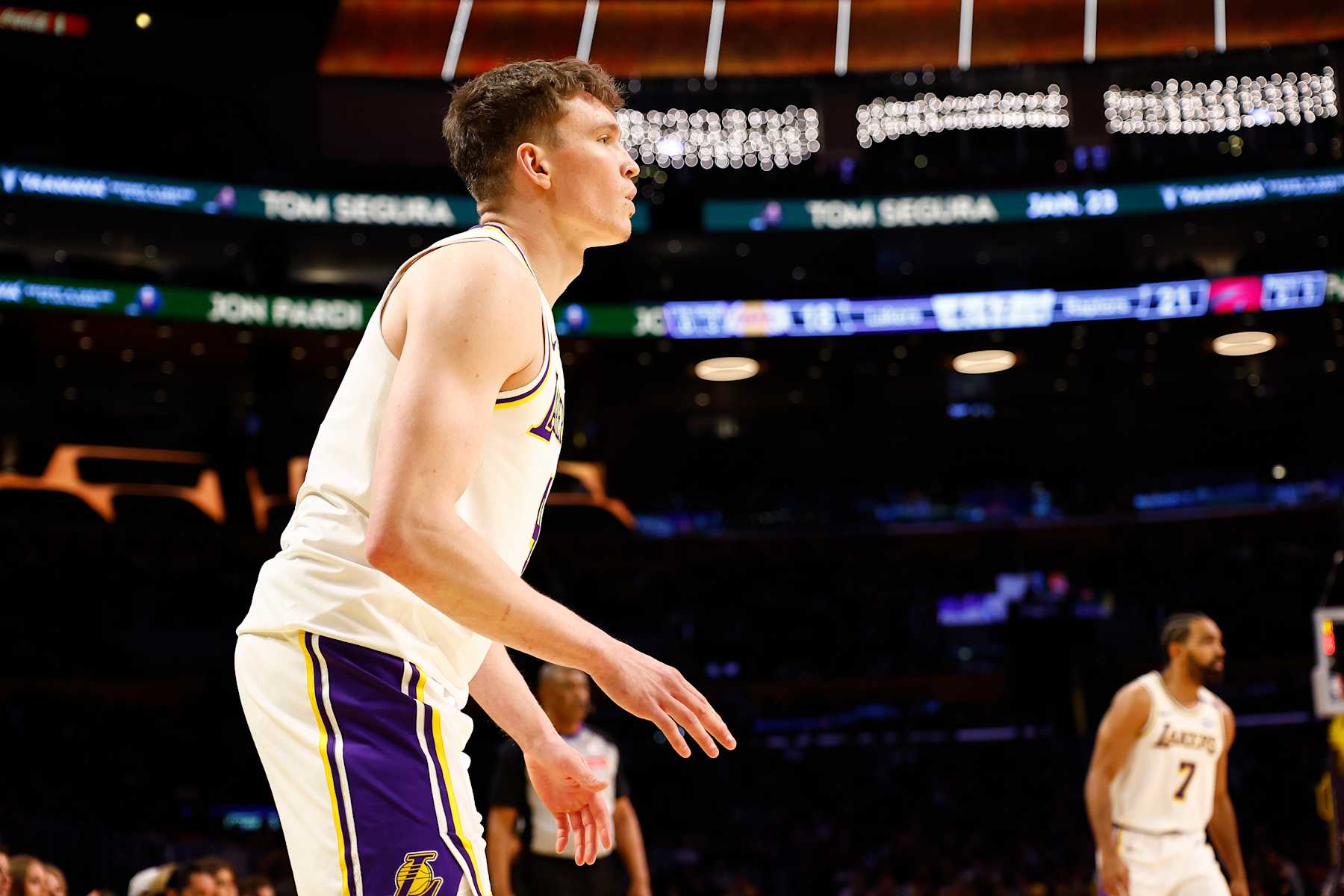 LOS ANGELES, CALIFORNIA - NOVEMBER 10:  Dalton Knecht #4 of the Los Angeles Lakers in the first half of play against the Toronto Raptors at Crypto.com Arena on November 10, 2024 in Los Angeles, California.  NOTE TO USER: User expressly acknowledges and agrees that, by downloading and/or using this photograph, user is consenting to the terms and conditions of the Getty Images License Agreement. (Photo by Ronald Martinez/Getty Images)