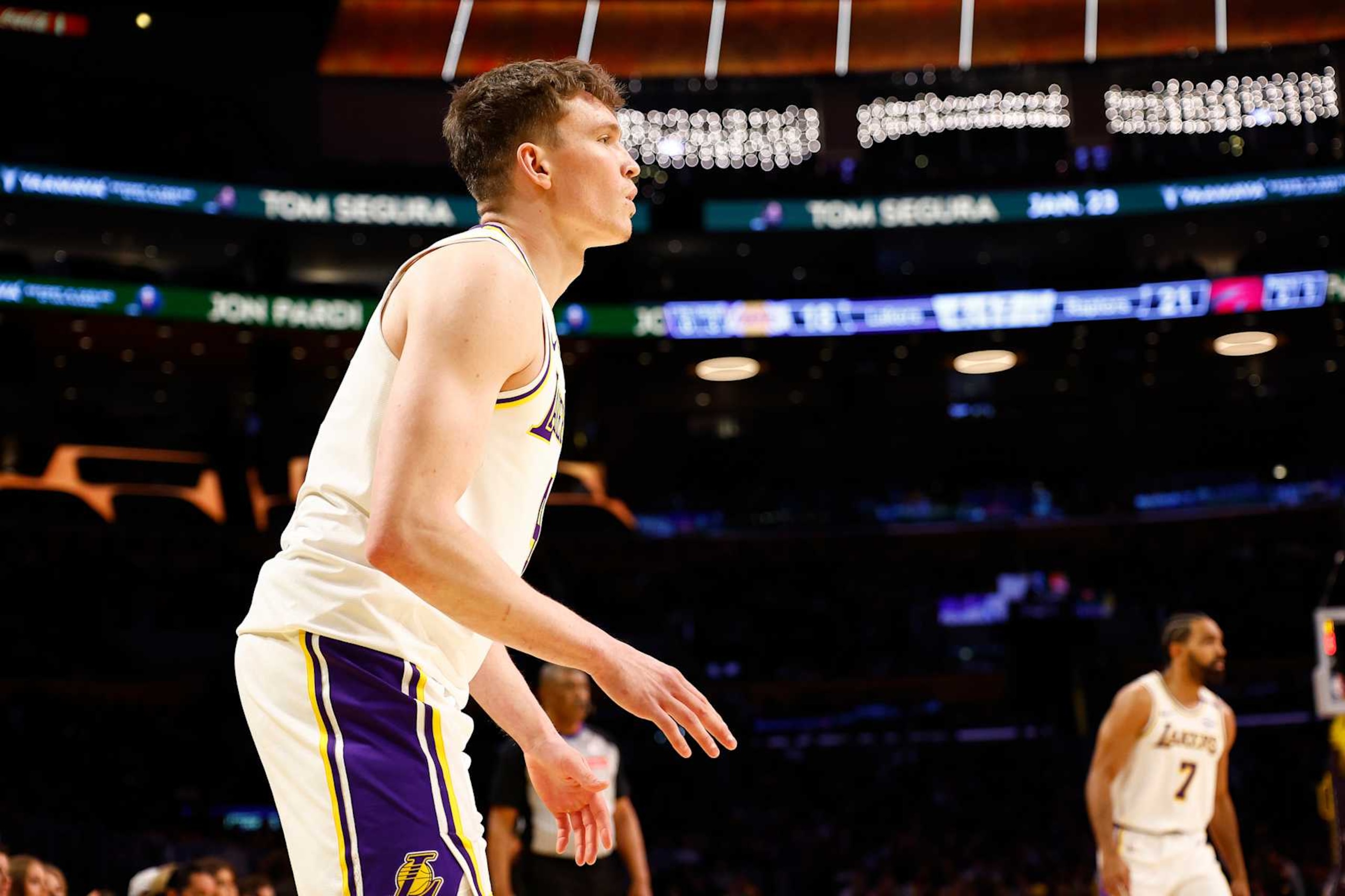 LOS ANGELES, CALIFORNIA - NOVEMBER 10:  Dalton Knecht #4 of the Los Angeles Lakers in the first half of play against the Toronto Raptors at Crypto.com Arena on November 10, 2024 in Los Angeles, California.  NOTE TO USER: User expressly acknowledges and agrees that, by downloading and/or using this photograph, user is consenting to the terms and conditions of the Getty Images License Agreement. (Photo by Ronald Martinez/Getty Images)