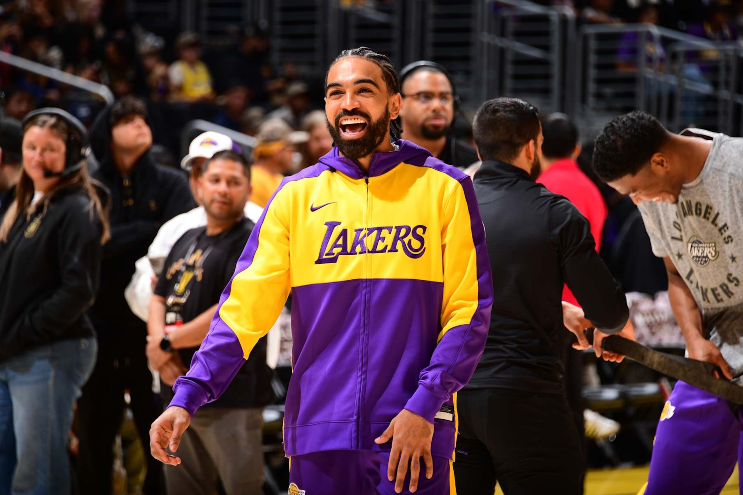LOS ANGELES, CA - NOVEMBER 10: Gabe Vincent #7 of the Los Angeles Lakers smiles before the game against the Toronto Raptors on November 10, 2024 at Crypto.Com Arena in Los Angeles, California. NOTE TO USER: User expressly acknowledges and agrees that, by downloading and/or using this Photograph, user is consenting to the terms and conditions of the Getty Images License Agreement. Mandatory Copyright Notice: Copyright 2024 NBAE (Photo by Adam Pantozzi/NBAE via Getty Images)