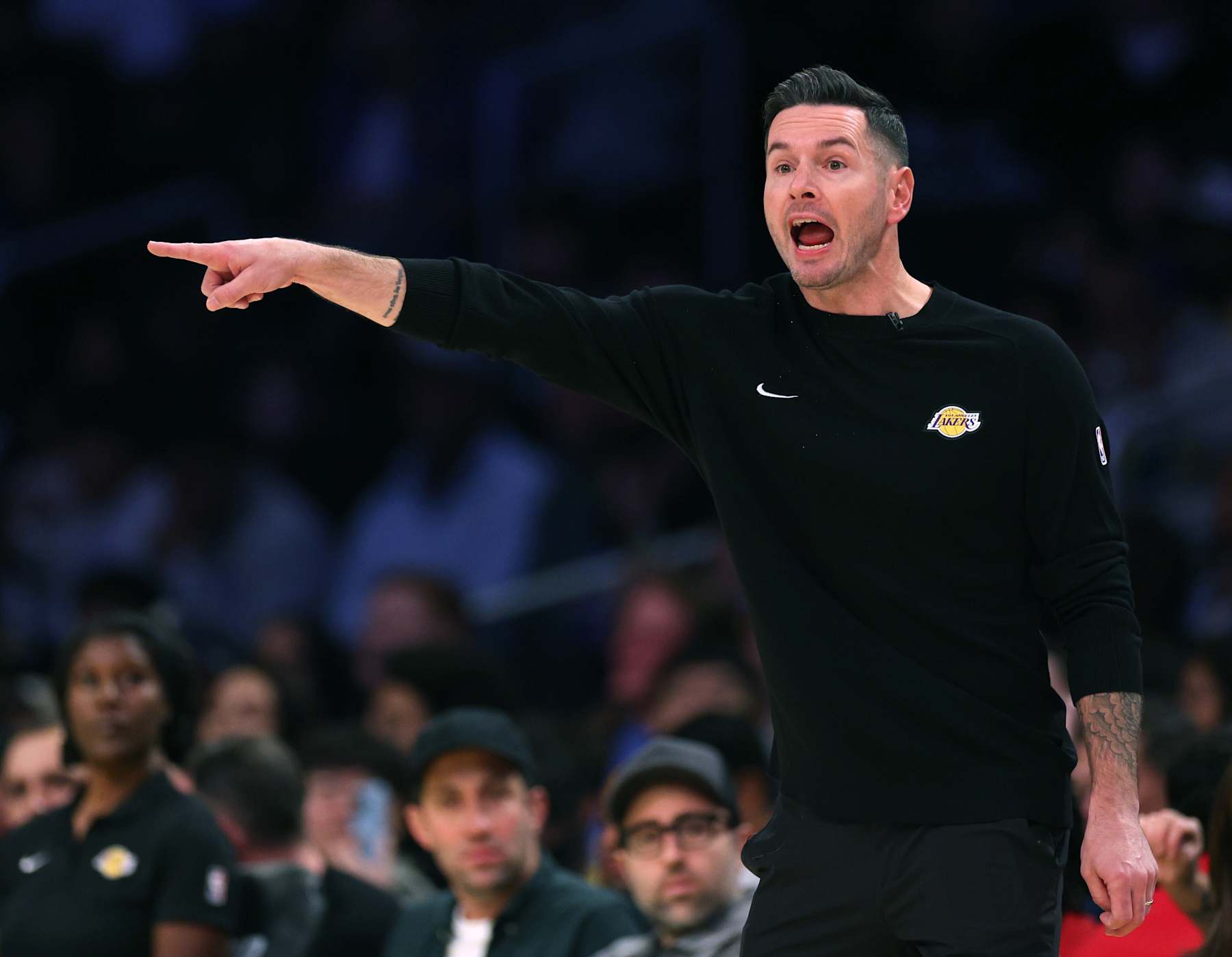 LOS ANGELES, CALIFORNIA - NOVEMBER 08: Head coach JJ Redick of the Los Angeles Lakers reacts during the first half against the Philadelphia 76ers at Crypto.com Arena on November 08, 2024 in Los Angeles, California. (Photo by Harry How/Getty Images) NOTE TO USER: User expressly acknowledges and agrees that, by downloading and/or using this Photograph, user is consenting to the terms and conditions of the Getty Images License Agreement. (Photo by Harry How/Getty Images)