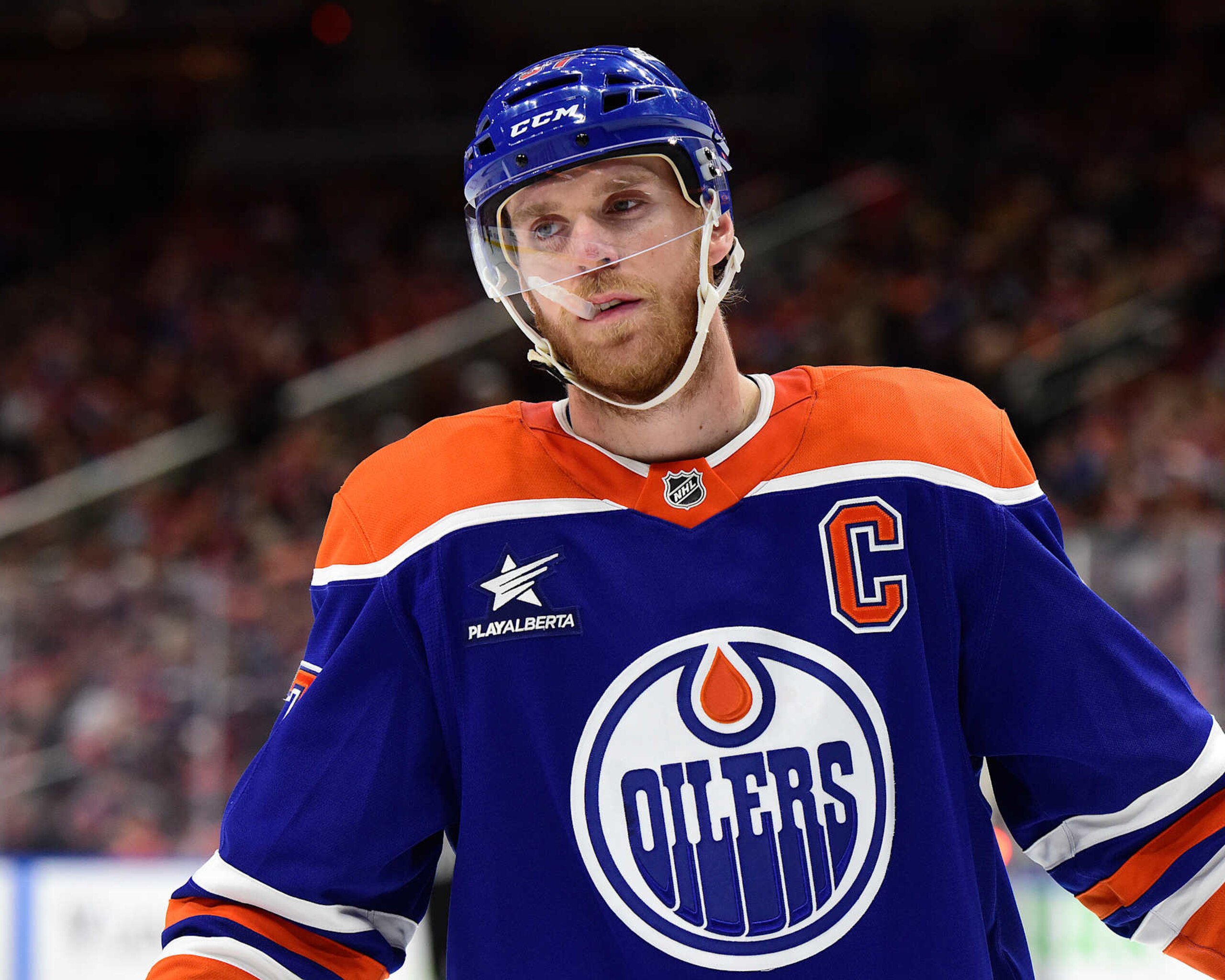 EDMONTON, CANADA  NOVEMBER 6: Connor McDavid #97 of the Edmonton Oilers skates while awaiting a face-off during the game against the Vegas Golden Knights at Rogers Place on November 6, 2024, in Edmonton, Alberta, Canada. (Photo by Leila Devlin/Getty Images)
