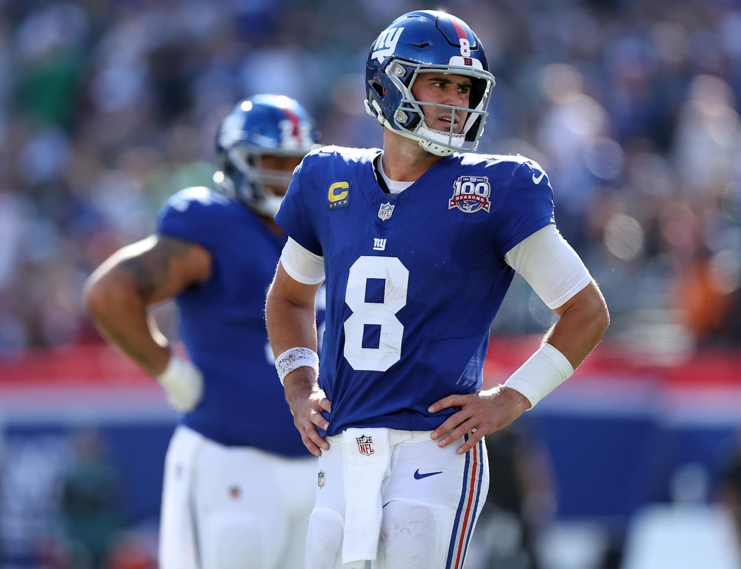 EAST RUTHERFORD, NEW JERSEY - OCTOBER 20: Daniel Jones #8 of the New York Giants reacts after the play against Philadelphia Eagles during the second quarter at MetLife Stadium on October 20, 2024 in East Rutherford, New Jersey. (Photo by Luke Hales/Getty Images)