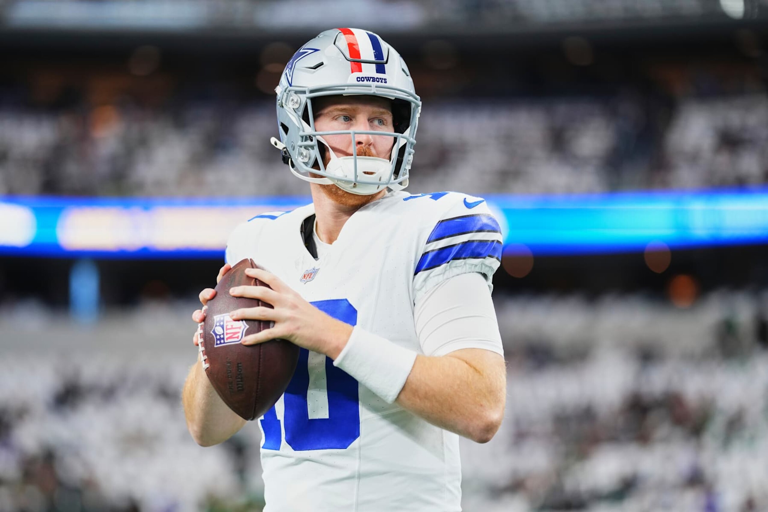 ARLINGTON, TX - NOVEMBER 10: Cooper Rush #10 of the Dallas Cowboys warms up before kickoff against the Philadelphia Eagles prior to an NFL football game at AT&T Stadium on November 10, 2024 in Arlington, Texas. (Photo by Cooper Neill/Getty Images)