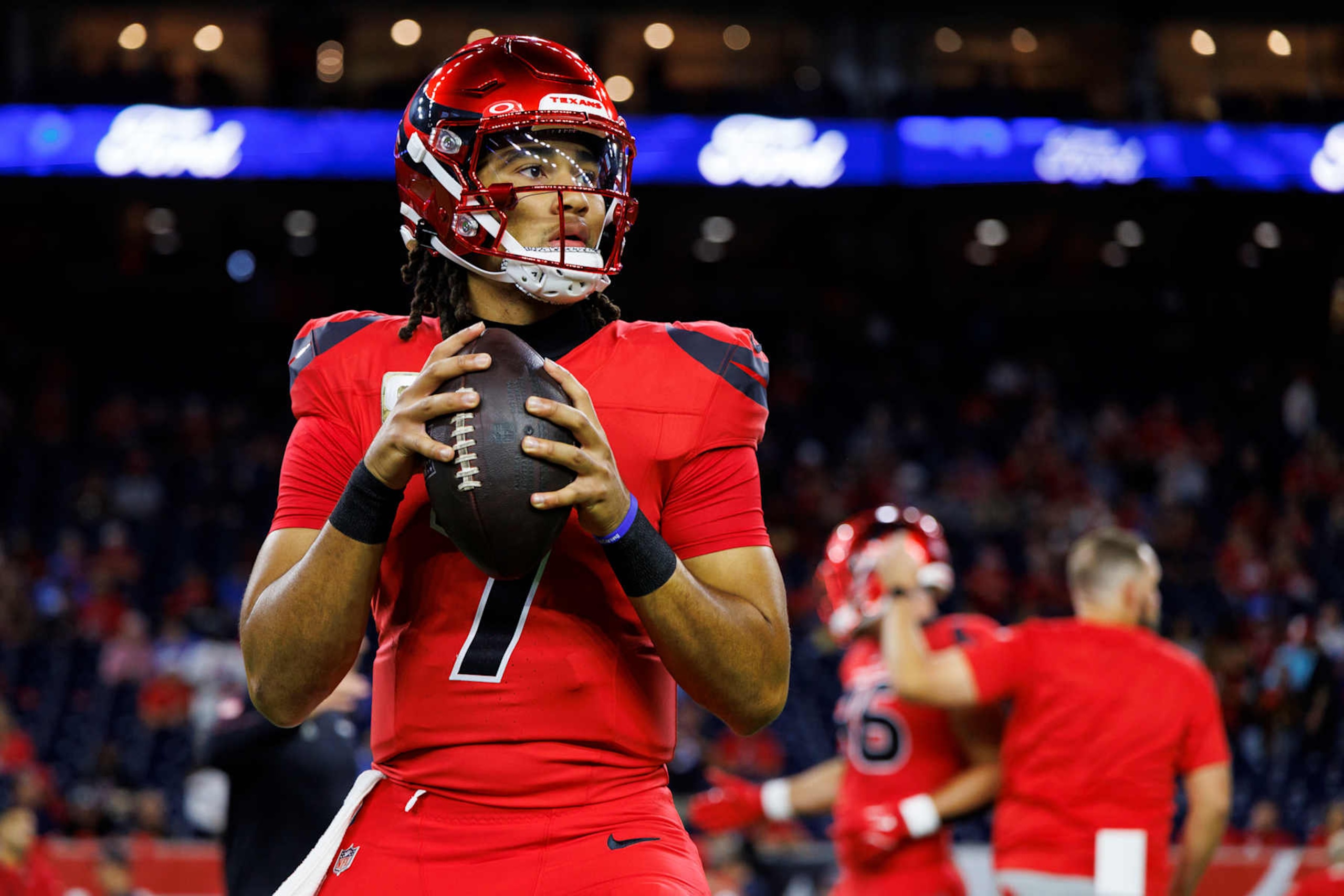HOUSTON, TEXAS - NOVEMBER 10: Quarterback C.J. Stroud #7 of the Houston Texans warms up prior to an NFL game against the Detroit Lions at NRG Stadium on November 10, 2024 in Houston, Texas. (Photo by Brooke Sutton/Getty Images)