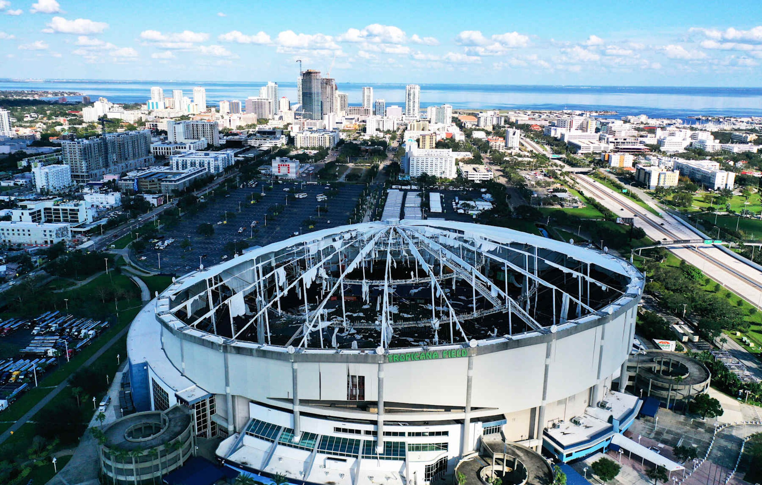 CHIMCHIME, ST PETERSBURG, FLORIDA, UNITED STATES - 2024/10/13: (EDITORS NOTE: Image taken with drone) In this aerial view, the domed roof at Tropicana Field, the home of the Tampa Bay Rays, is seen ripped to shreds from Hurricane Miltonís powerful winds in St. Petersburg. The storm passed through the area on October 10, 2024, making landfall as a Category 3 hurricane in Siesta Key, Florida. (Photo by Paul Hennessy/SOPA Images/LightRocket via Getty Images) CHIMCHIME, ST PETERSBURG, FLORIDA, UNITED STATES - 2024/10/13: (EDITORS NOTE: Image taken with drone) In this aerial view, the domed roof at Tropicana Field, the home of the Tampa Bay Rays, is seen ripped to shreds from Hurricane Miltonís powerful winds in St. Petersburg. The storm passed through the area on October 10, 2024, making landfall as a Category 3 hurricane in Siesta Key, Florida. (Photo by Paul Hennessy/SOPA Images/LightRocket via Getty Images)