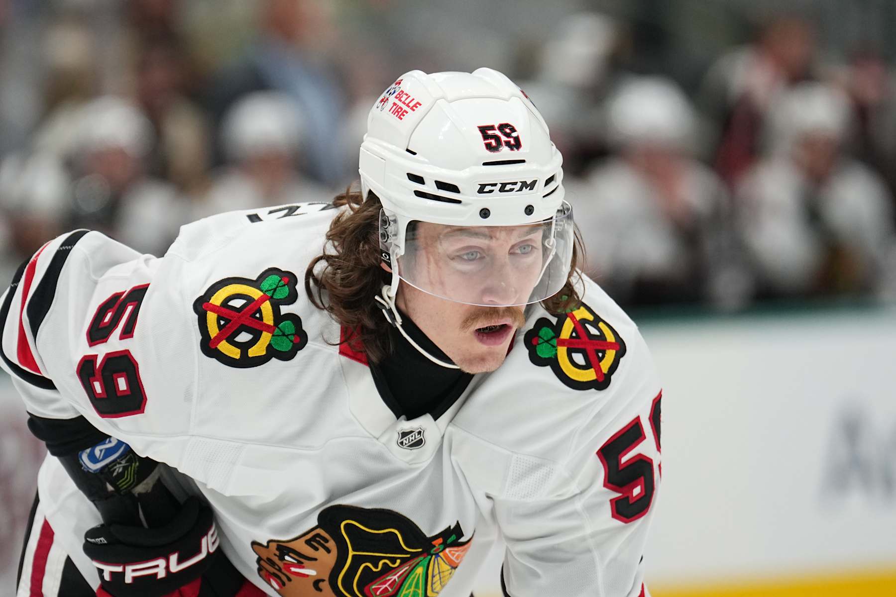 DALLAS, TX - NOVEMBER 7: Tyler Bertuzzi #59 of the Chicago Blackhawks lines up against the Dallas Stars at the American Airlines Center on November 7, 2024 in Dallas, Texas. (Photo by Glenn James/NHLI via Getty Images)