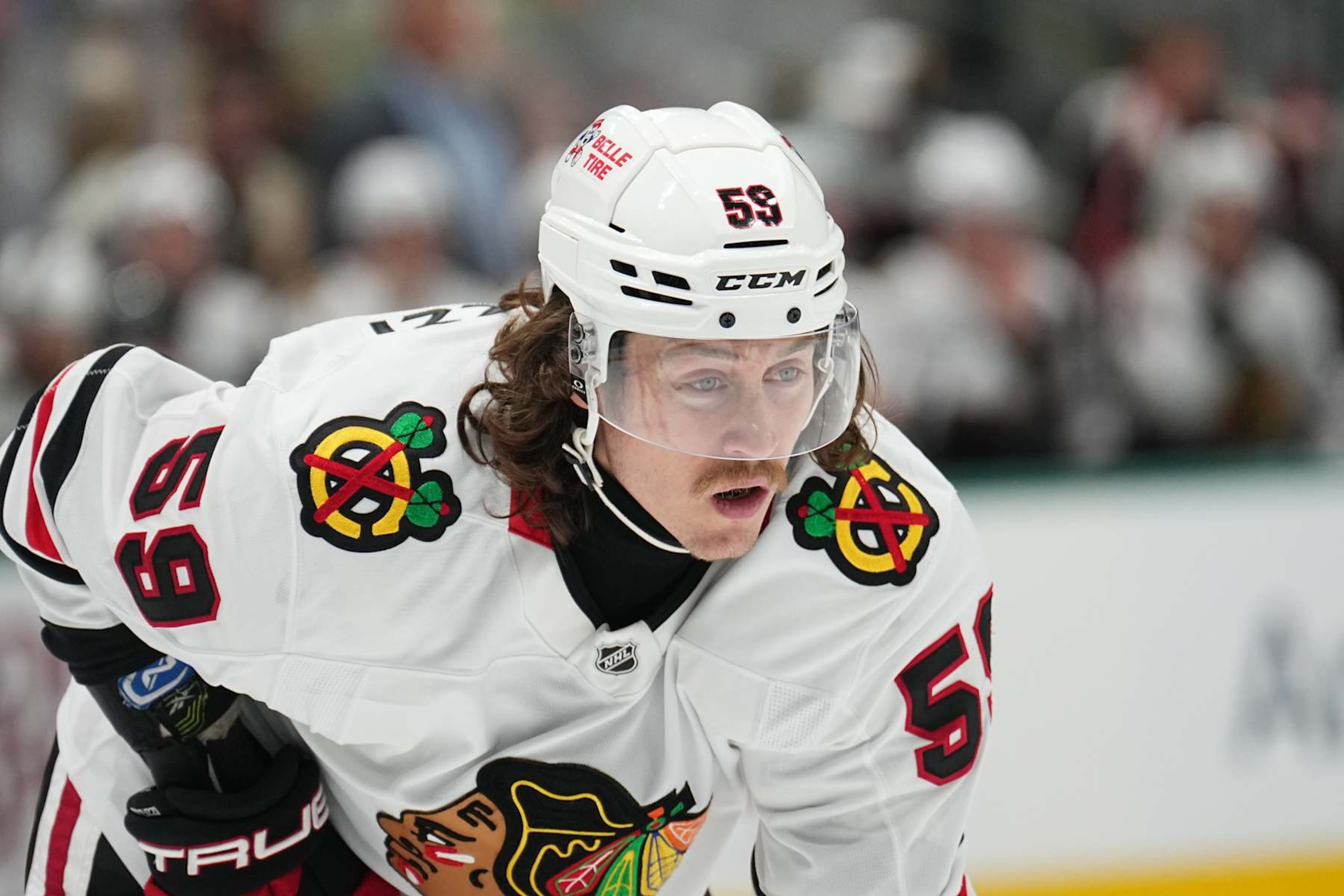 DALLAS, TX - NOVEMBER 7: Tyler Bertuzzi #59 of the Chicago Blackhawks lines up against the Dallas Stars at the American Airlines Center on November 7, 2024 in Dallas, Texas. (Photo by Glenn James/NHLI via Getty Images) DALLAS, TX - NOVEMBER 7: Tyler Bertuzzi #59 of the Chicago Blackhawks lines up against the Dallas Stars at the American Airlines Center on November 7, 2024 in Dallas, Texas. (Photo by Glenn James/NHLI via Getty Images)