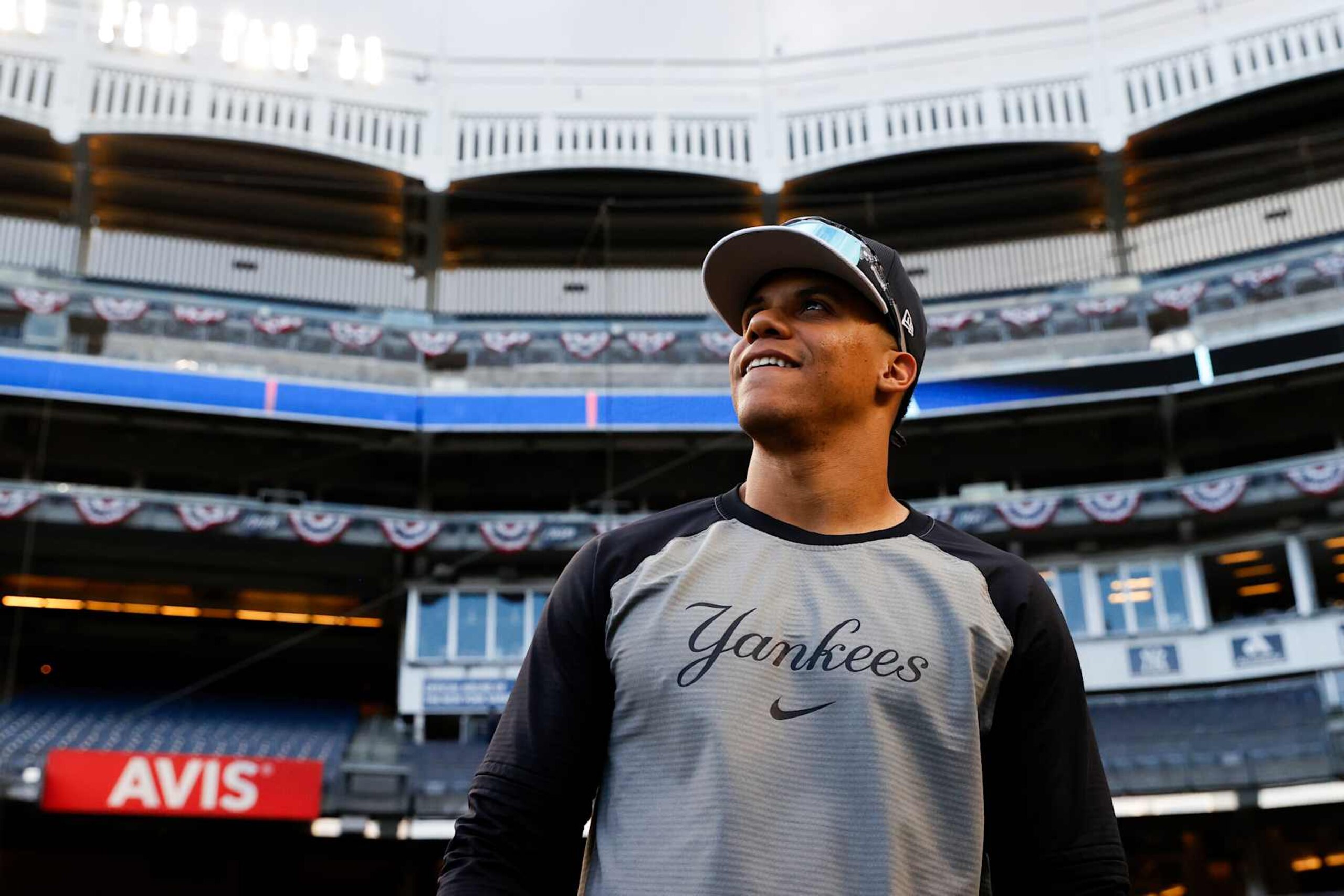 NEW YORK, NY - OCTOBER 14: Juan Soto #22 of the New York Yankees looks on before the game 1 of the American League Championship Series against the Cleveland Guardians at Yankee Stadium on October 14, 2024, in the Bronx borough of New York City, New York. (Photo by New York Yankees/Getty Images)