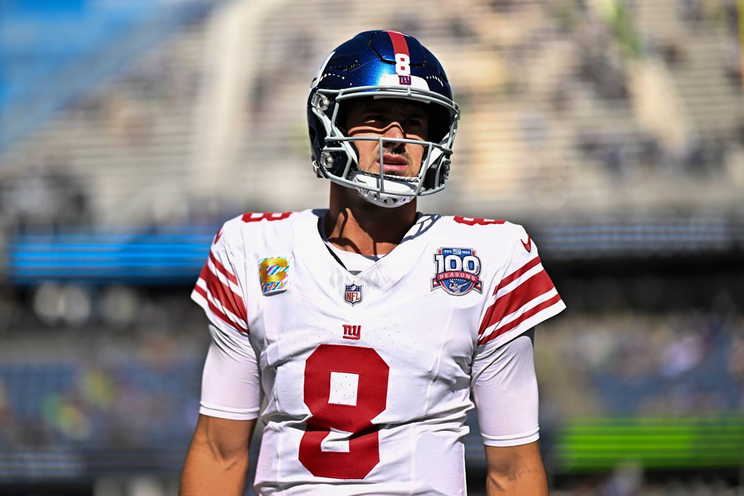 SEATTLE, WASHINGTON - OCTOBER 06: Daniel Jones #8 of the New York Giants looks on before the game against the Seattle Seahawks at Lumen Field on October 06, 2024 in Seattle, Washington. The New York Giants won 29-20. (Photo by Alika Jenner/Getty Images)