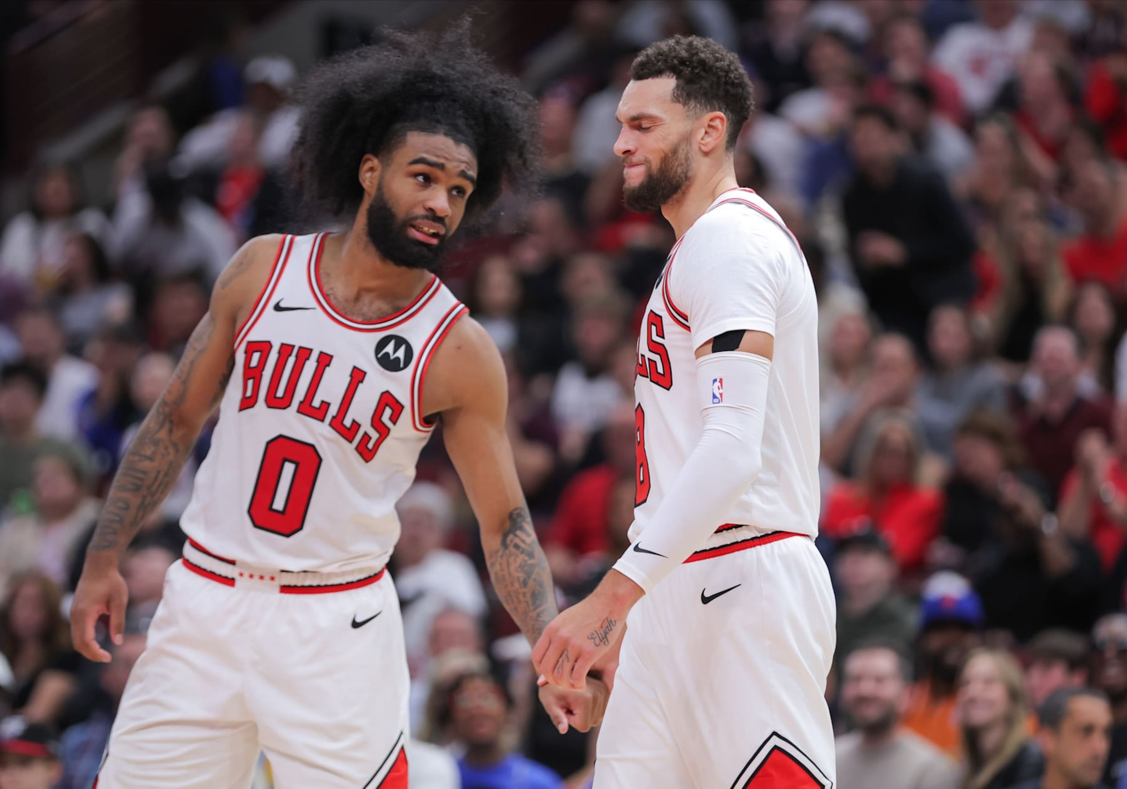 CHICAGO, IL - OCTOBER 30: Chicago Bulls guard Zach LaVine (8) and Chicago Bulls guard Coby White (0) during the second half against the Orlando Magic on October 30, 2024 at the United Center in Chicago, Illinois. (Photo by Melissa Tamez/Icon Sportswire via Getty Images) CHICAGO, IL - OCTOBER 30: Chicago Bulls guard Zach LaVine (8) and Chicago Bulls guard Coby White (0) during the second half against the Orlando Magic on October 30, 2024 at the United Center in Chicago, Illinois. (Photo by Melissa Tamez/Icon Sportswire via Getty Images)