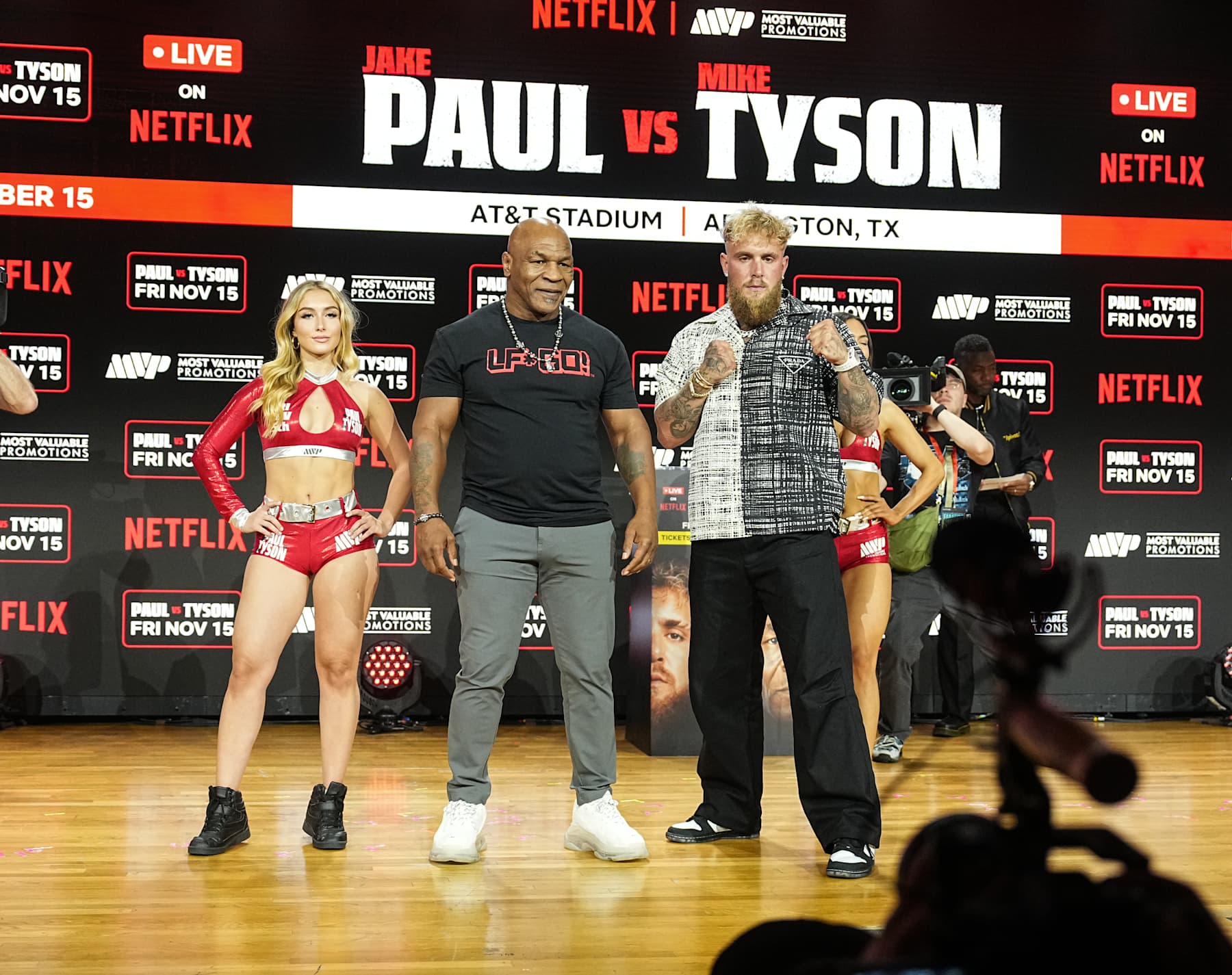 NEW YORK, NEW YORK - AUGUST 18: Mike Tyson and Jake Paul hold a press conference during Fanatics Fest NYC at Javits Center on August 18, 2024 in New York City. (Photo by John Nacion/Getty Images)