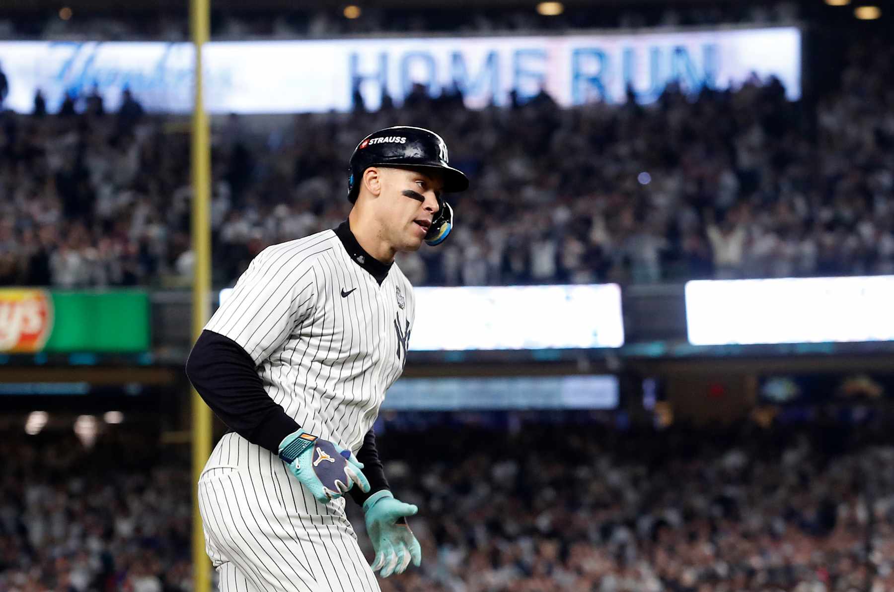 NEW YORK, NEW YORK - OCTOBER 30: (NEW YORK DAILIES OUT)  Aaron Judge #99 of the New York Yankees runs the bases after his first inning two run home run against the Los Angeles Dodgers during Game Five of the 2024 World Series at Yankee Stadium on October 30, 2024 in New York City. The Dodgers defeated the Yankees 7-6. (Photo by Jim McIsaac/Getty Images)
