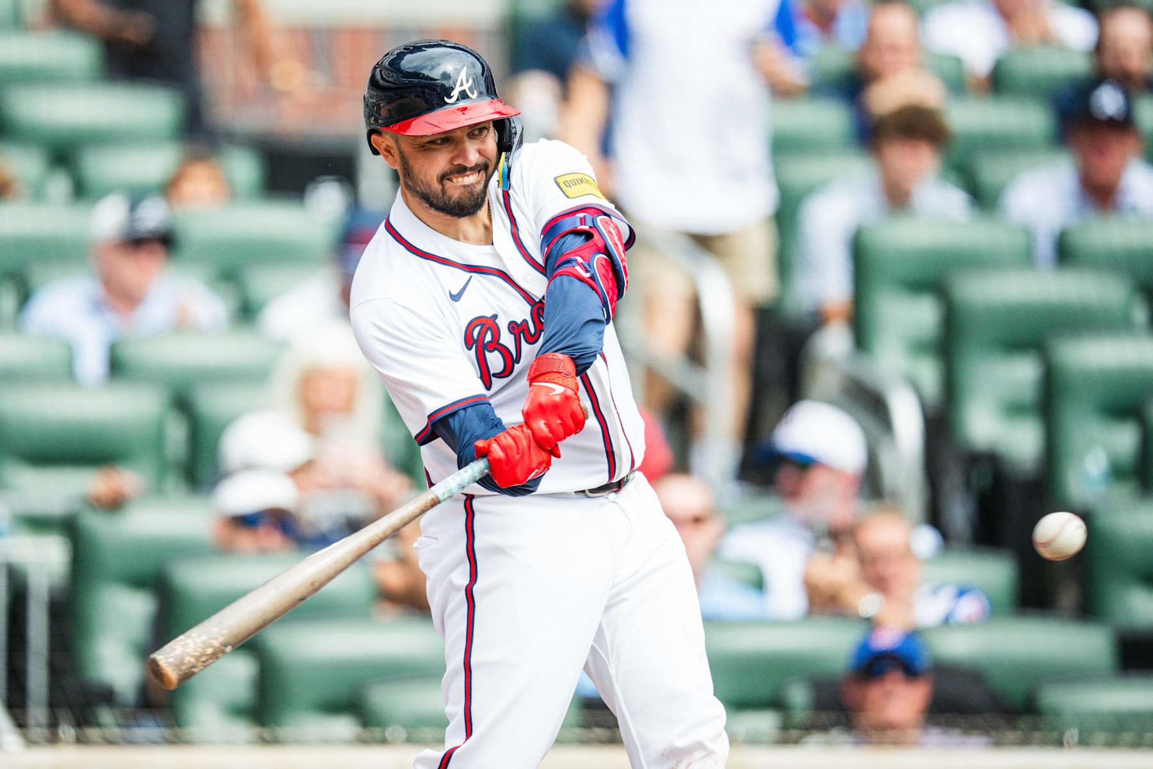 ATLANTA, GA - SEPTEMBER 30: Travis d'Arnaud #16 of the Atlanta Braves hits a single during the second inning in game one of a doubleheader against the New York Mets at Truist Park on September 30, 2024 in Atlanta, Georgia. (Photo by Kevin D. Liles/Atlanta Braves/Getty Images)