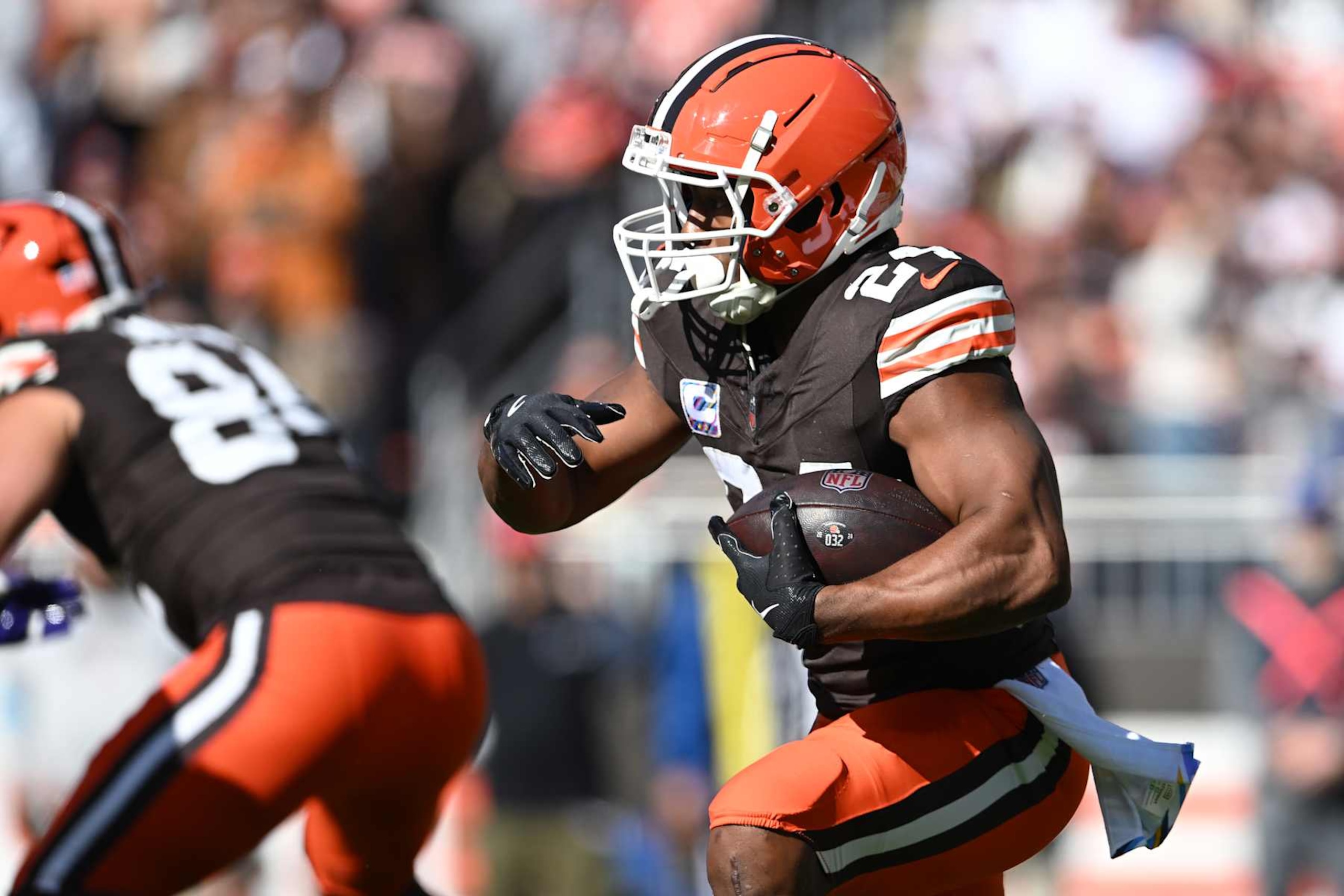 CLEVELAND, OHIO - OCTOBER 27: Nick Chubb #24 of the Cleveland Browns runs the ball in the first quarter of a game against the Baltimore Ravens at Huntington Bank Field on October 27, 2024 in Cleveland, Ohio. (Photo by Nick Cammett/Getty Images) CLEVELAND, OHIO - OCTOBER 27: Nick Chubb #24 of the Cleveland Browns runs the ball in the first quarter of a game against the Baltimore Ravens at Huntington Bank Field on October 27, 2024 in Cleveland, Ohio. (Photo by Nick Cammett/Getty Images)