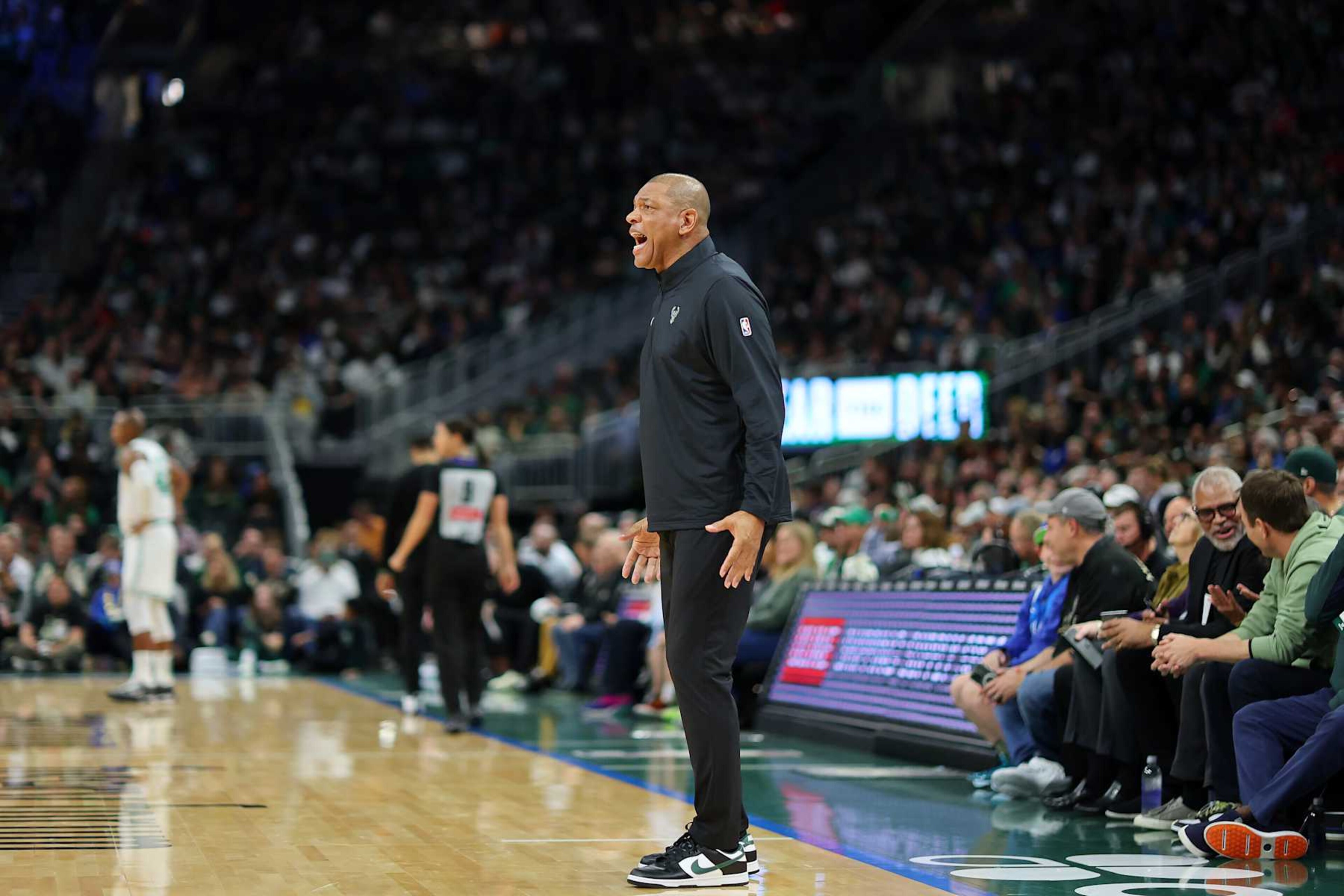 MILWAUKEE, WISCONSIN - NOVEMBER 10: Head coach Doc Rivers of the Milwaukee Bucks reacts to an officials call during a game against the Boston Celtics at Fiserv Forum on November 10, 2024 in Milwaukee, Wisconsin. NOTE TO USER: User expressly acknowledges and agrees that, by downloading and or using this photograph, User is consenting to the terms and conditions of the Getty Images License Agreement. (Photo by Stacy Revere/Getty Images) MILWAUKEE, WISCONSIN - NOVEMBER 10: Head coach Doc Rivers of the Milwaukee Bucks reacts to an officials call during a game against the Boston Celtics at Fiserv Forum on November 10, 2024 in Milwaukee, Wisconsin. NOTE TO USER: User expressly acknowledges and agrees that, by downloading and or using this photograph, User is consenting to the terms and conditions of the Getty Images License Agreement. (Photo by Stacy Revere/Getty Images)