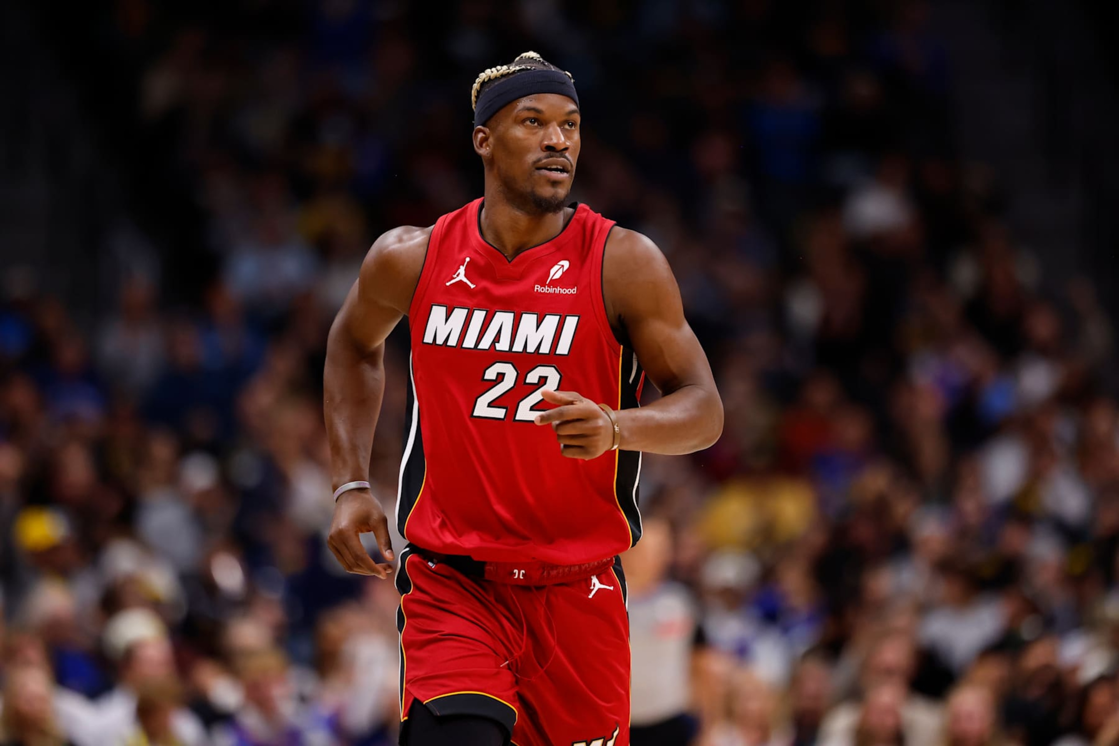 DENVER, COLORADO - NOVEMBER 8: Jimmy Butler #22 of the Miami Heat looks on during the first quarter against the Denver Nuggets at Ball Arena on November 8, 2024 in Denver, Colorado. NOTE TO USER: User expressly acknowledges and agrees that, by downloading and or using this photograph, User is consenting to the terms and conditions of the Getty Images License Agreement. (Photo by C. Morgan Engel/Getty Images) DENVER, COLORADO - NOVEMBER 8: Jimmy Butler #22 of the Miami Heat looks on during the first quarter against the Denver Nuggets at Ball Arena on November 8, 2024 in Denver, Colorado. NOTE TO USER: User expressly acknowledges and agrees that, by downloading and or using this photograph, User is consenting to the terms and conditions of the Getty Images License Agreement. (Photo by C. Morgan Engel/Getty Images)