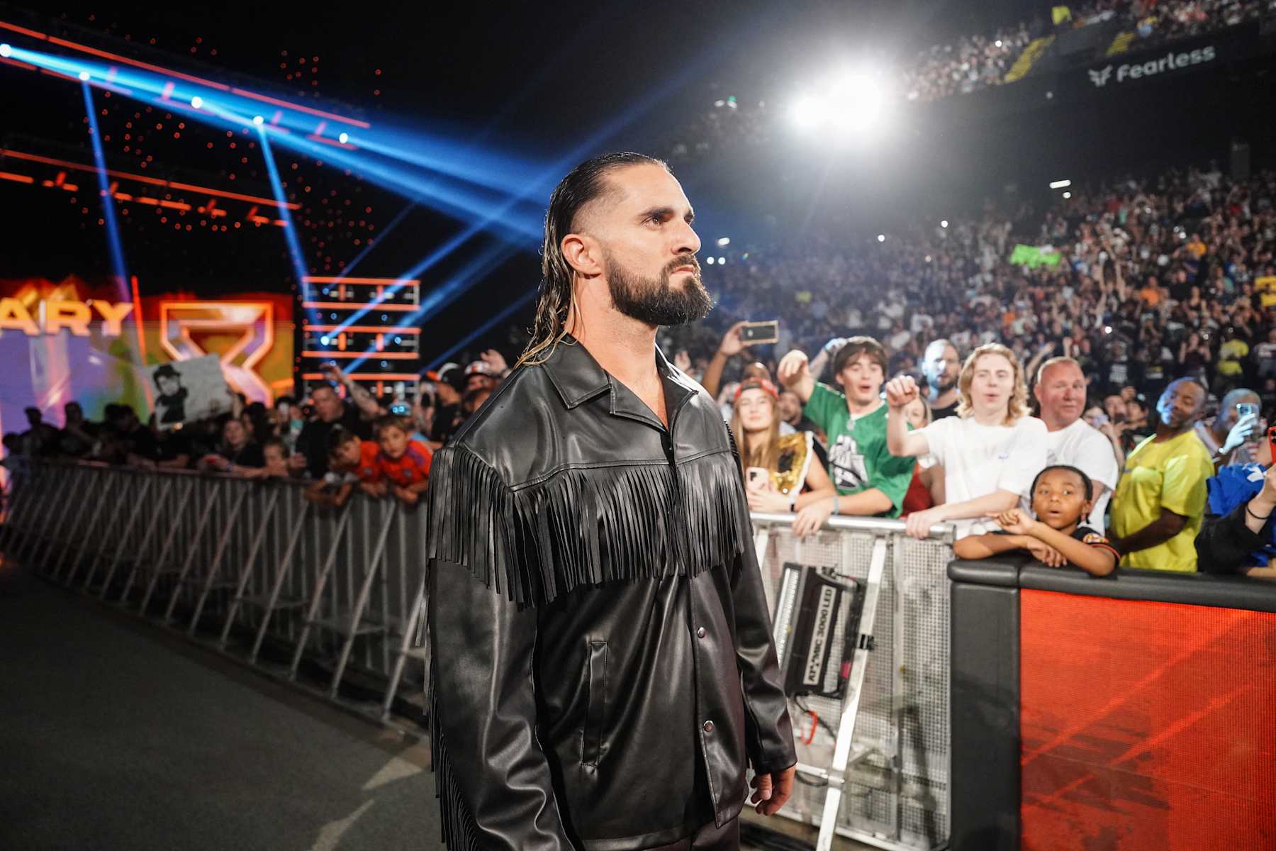 BALTIMORE, MARYLAND - AUGUST 5: Seth Rollins makes his way to the ring during Monday Night RAW at CFG Bank Arena on August 5, 2024 in Baltimore, Maryland.  (Photo by WWE/Getty Images)