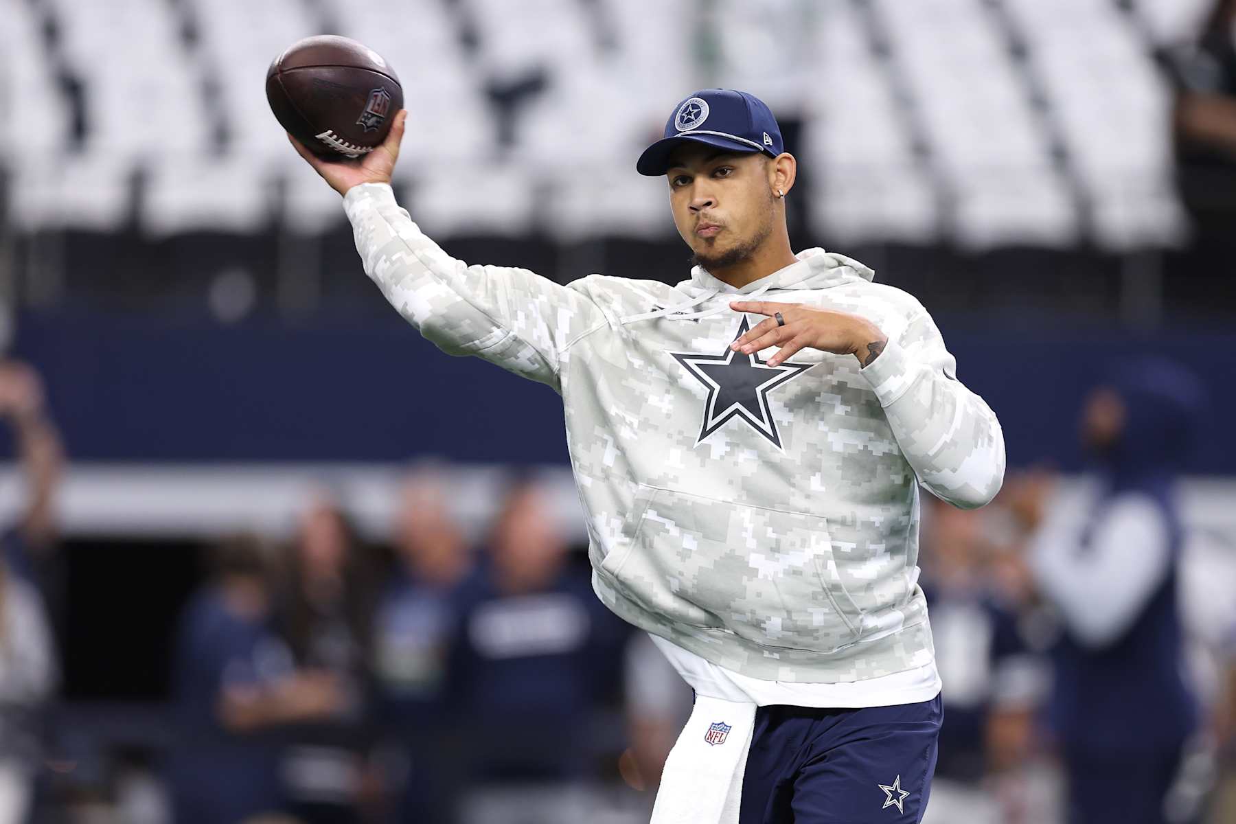 ARLINGTON, TEXAS - NOVEMBER 10: Trey Lance #19 of the Dallas Cowboys warms up prior to the game against the Philadelphia Eagles at AT&T Stadium on November 10, 2024 in Arlington, Texas. (Photo by Sam Hodde/Getty Images)