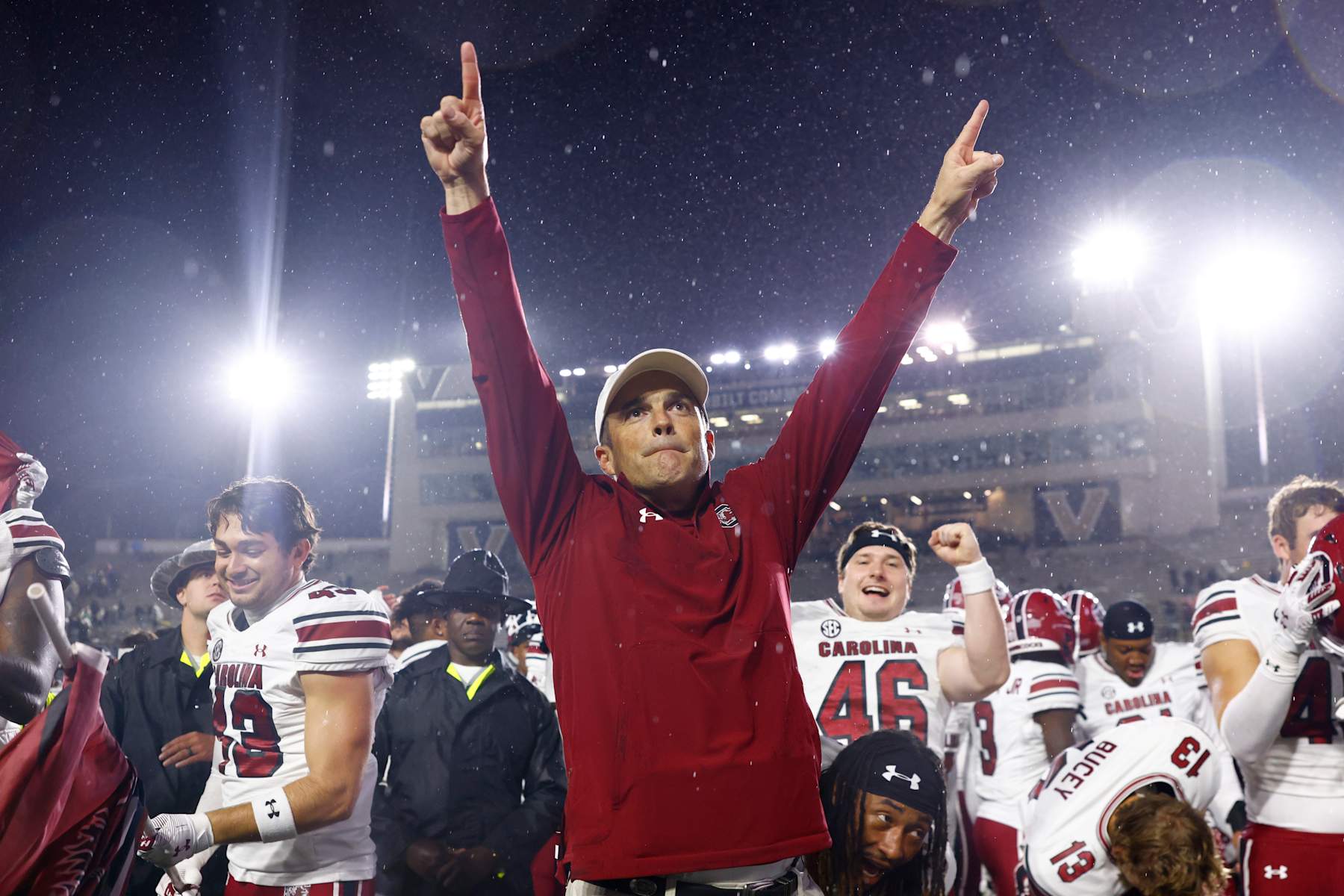NASHVILLE, TENNESSEE - NOVEMBER 09: Head Coach Shane Beamer of the South Carolina Gamecocks celebrates after a victory against Vanderbilt at FirstBank Stadium on November 09, 2024 in Nashville, Tennessee. (Photo by Johnnie Izquierdo/Getty Images)